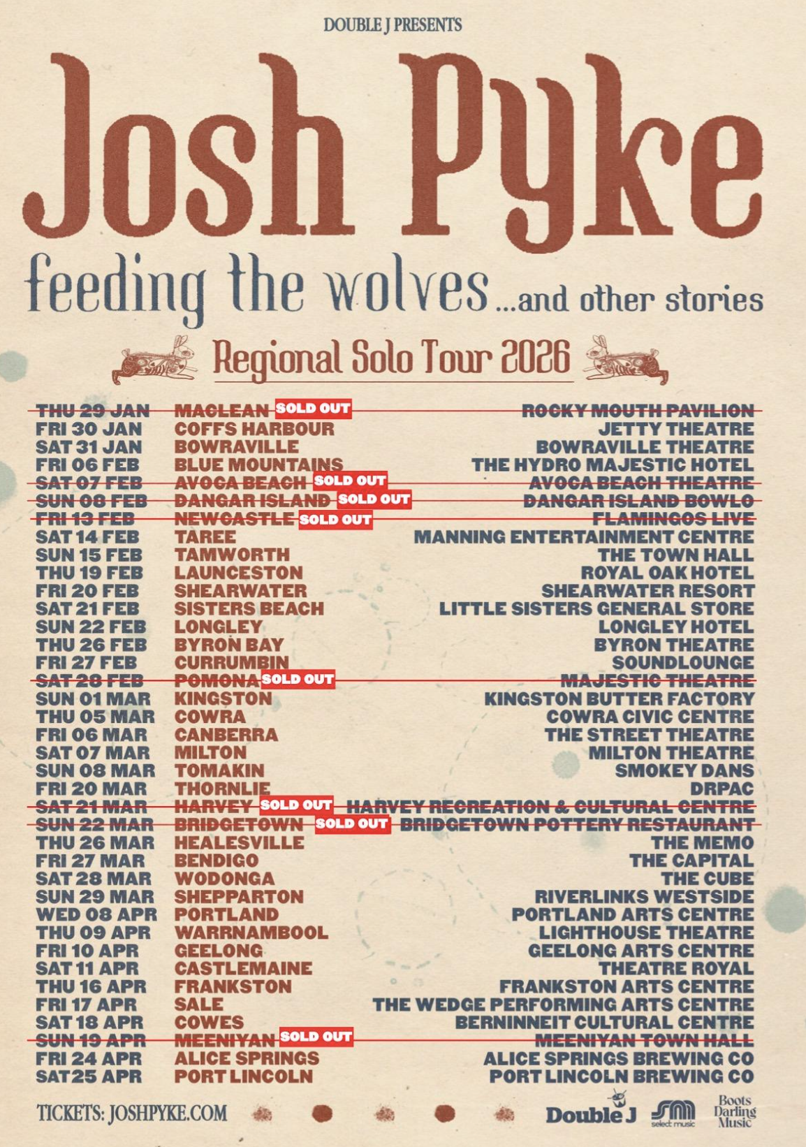 Josh Pyke 2026 "Feeding the Wolves... and other stories" regional solo tour poster listing Australian dates from January to April.