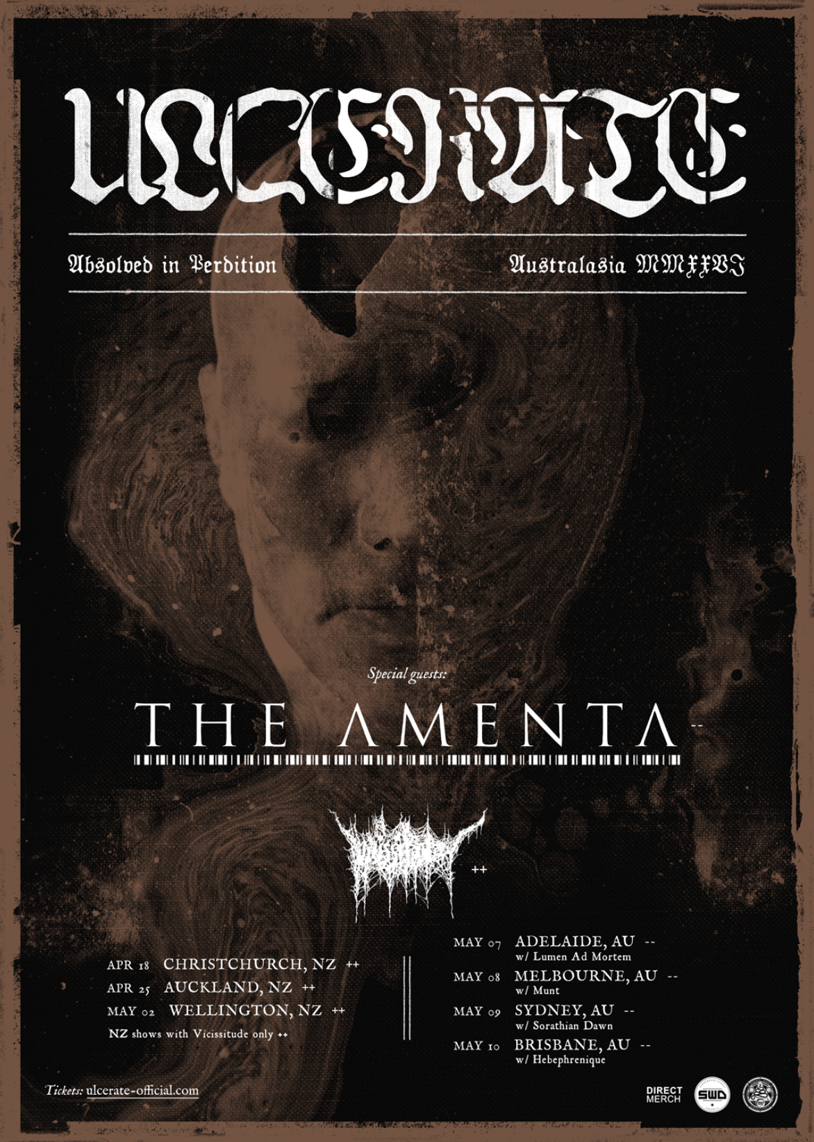 Ulcerate "Absolved in Perdition" 2026 Australasia tour poster. Features The Amenta and lists April/May dates in NZ and AU over dark, abstract artwork.