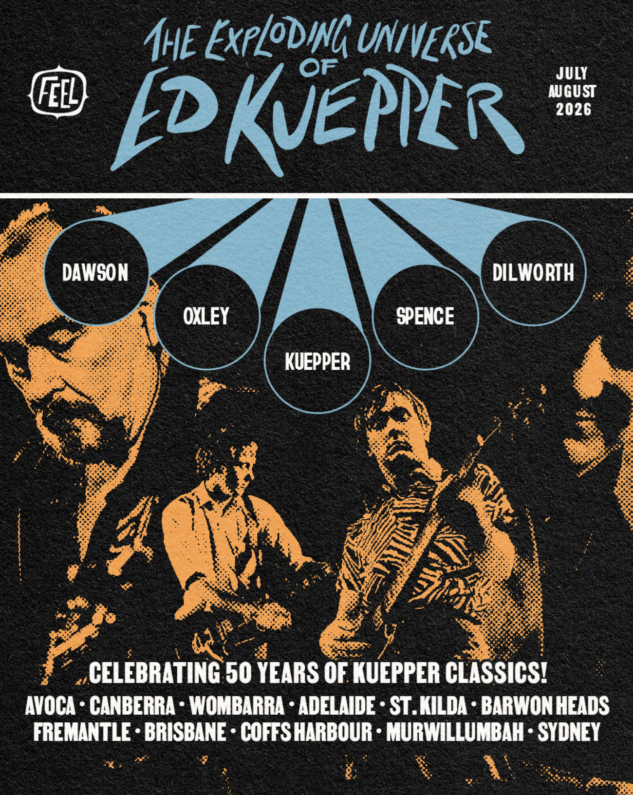Tour poster for "The Exploding Universe of Ed Kuepper" 2026. Includes July/August Australian dates in Sydney, Brisbane, Melbourne, and Adelaide.