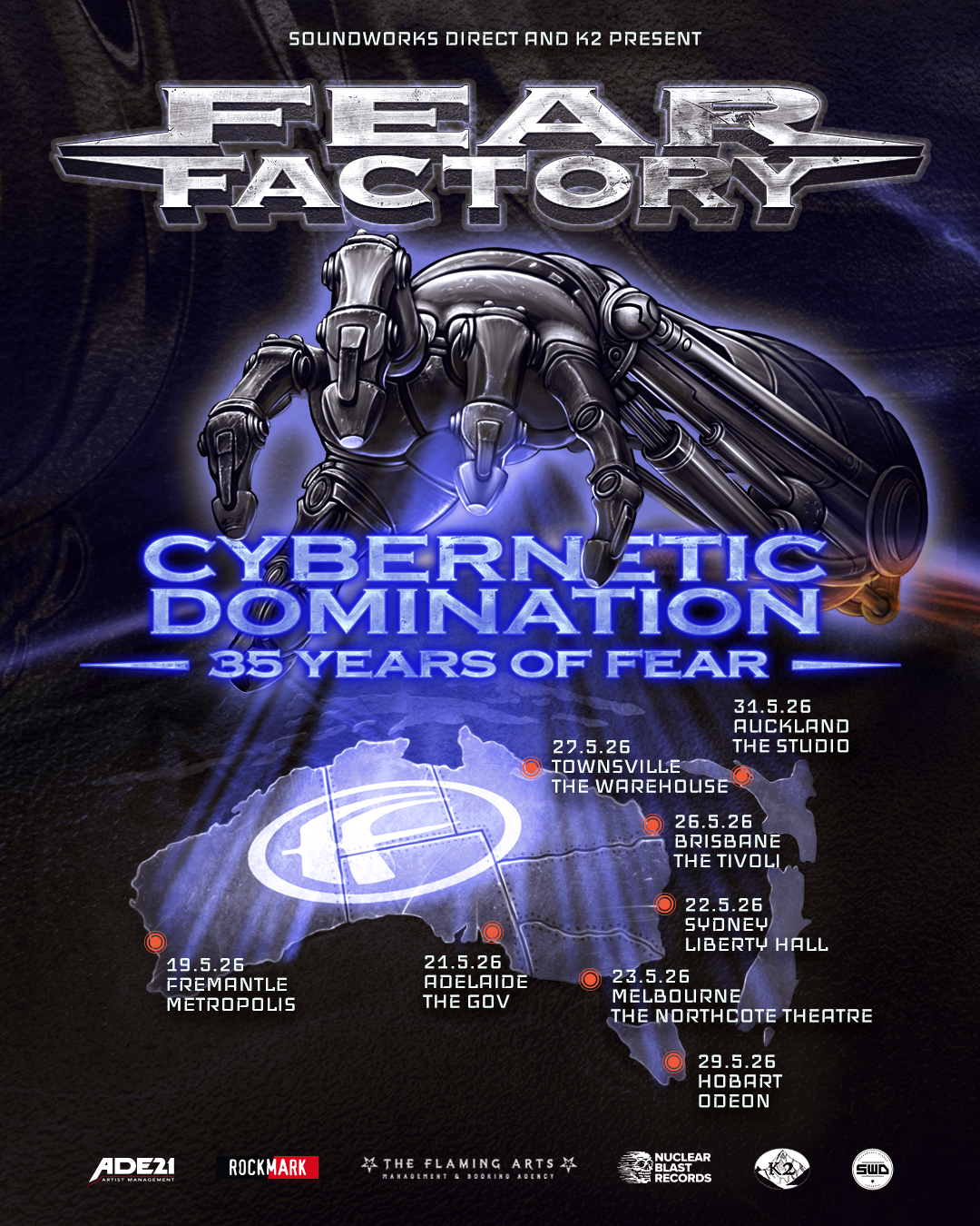 Fear Factory "Cybernetic Domination: 35 Years of Fear" 2026 tour poster for Australia and New Zealand. Includes dates for Sydney, Melbourne, and more.
