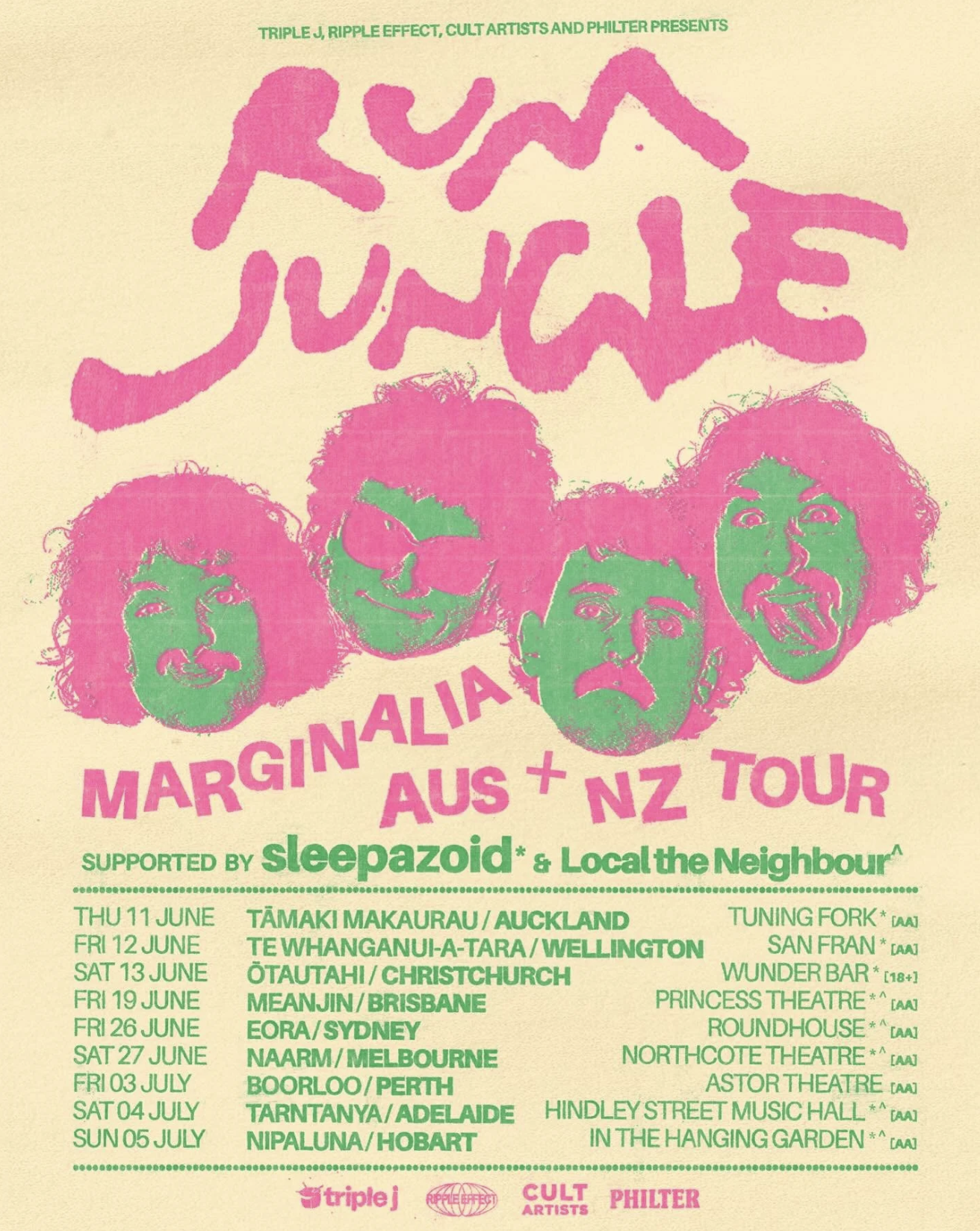 Rum Jungle Marginalia Aus & NZ Tour 2026 poster with Sleepazoid. Dates in Auckland, Wellington, Christchurch, Brisbane, Sydney, and Melbourne.