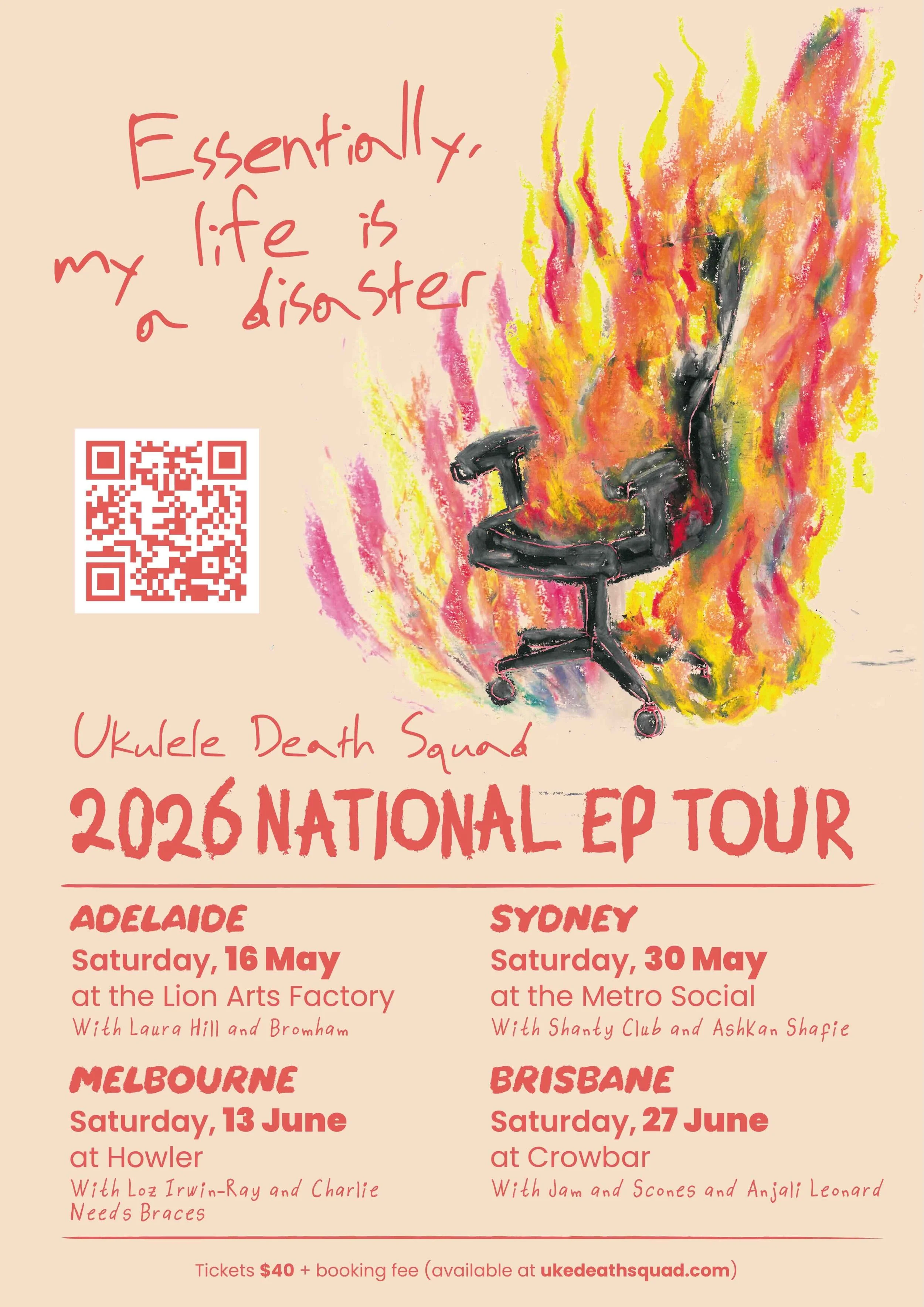 Ukulele Death Squad 2026 National EP Tour poster. Illustration of a burning office chair with dates for Adelaide, Melbourne, Sydney, and Brisbane.