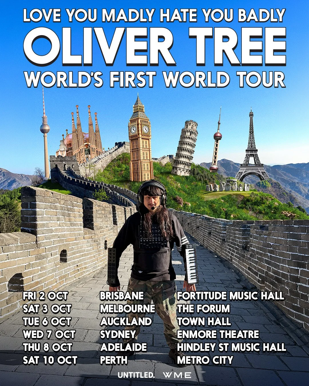 Oliver Tree World's First World Tour poster featuring the artist on the Great Wall of China with global landmarks and Australian/NZ October tour dates.