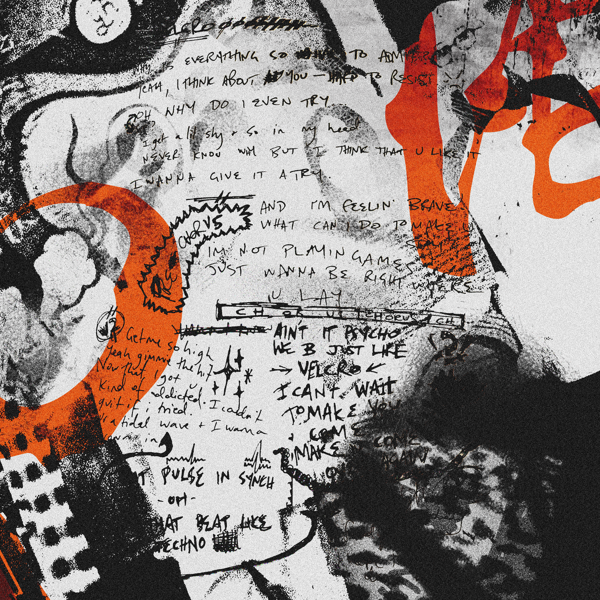 Single artwork for Stand Atlantic's Velcro, featuring handwritten lyrics overlaid on a textured black, white, and bright orange collage background.
