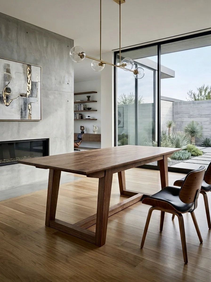 Walnut dining table with 1" thick top and dovetail joinery across the bottom stretcher.