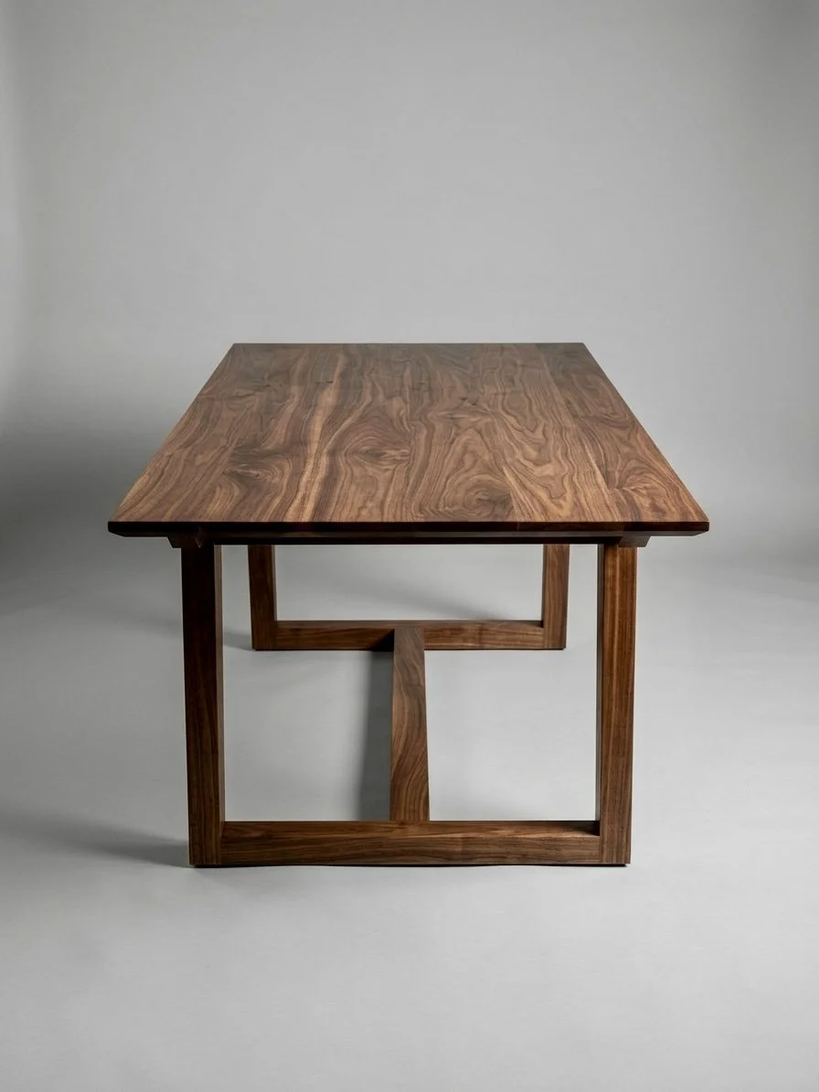 Walnut dining table with 1" thick top and dovetail joinery across the bottom stretcher.