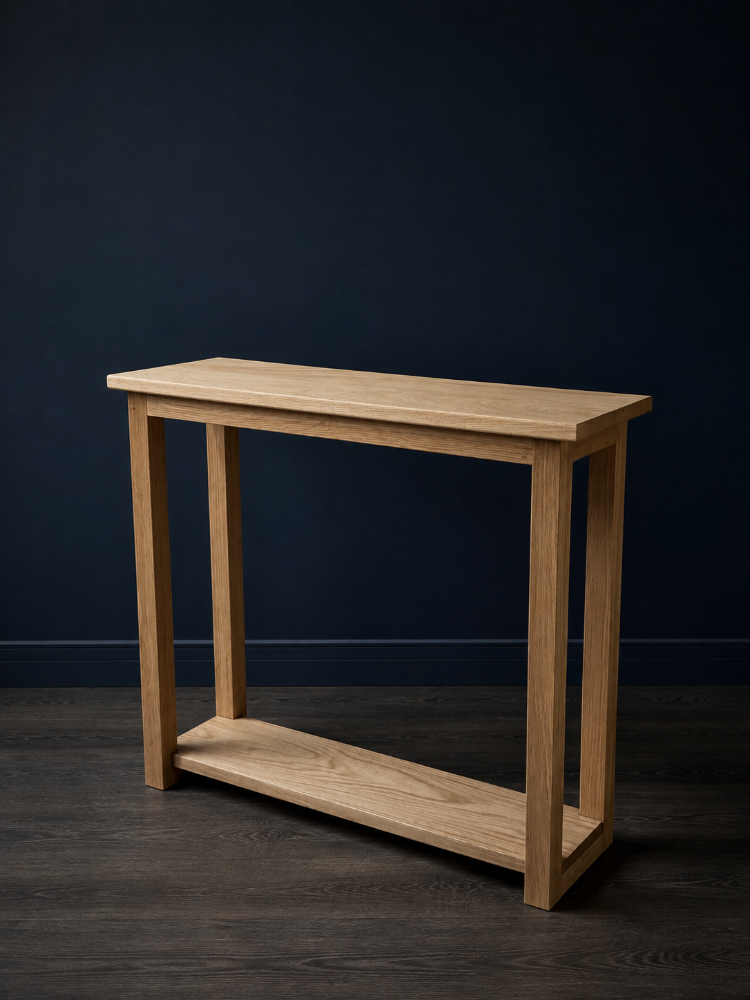 A matching white oak console bench, designed to complement the custom bench while bringing the same clean, understated elegance to another space in the home.