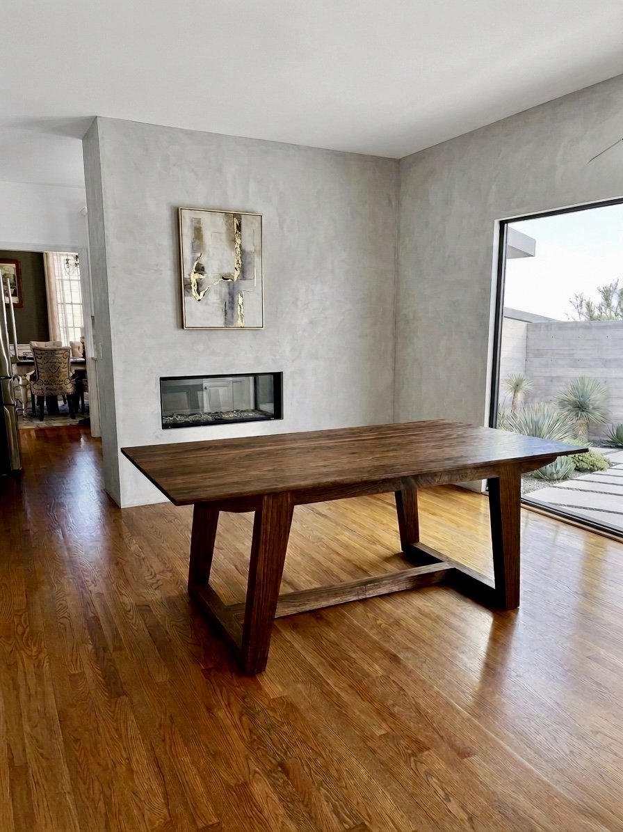 Walnut dining table with 1" thick top and dovetail joinery across the bottom stretcher.