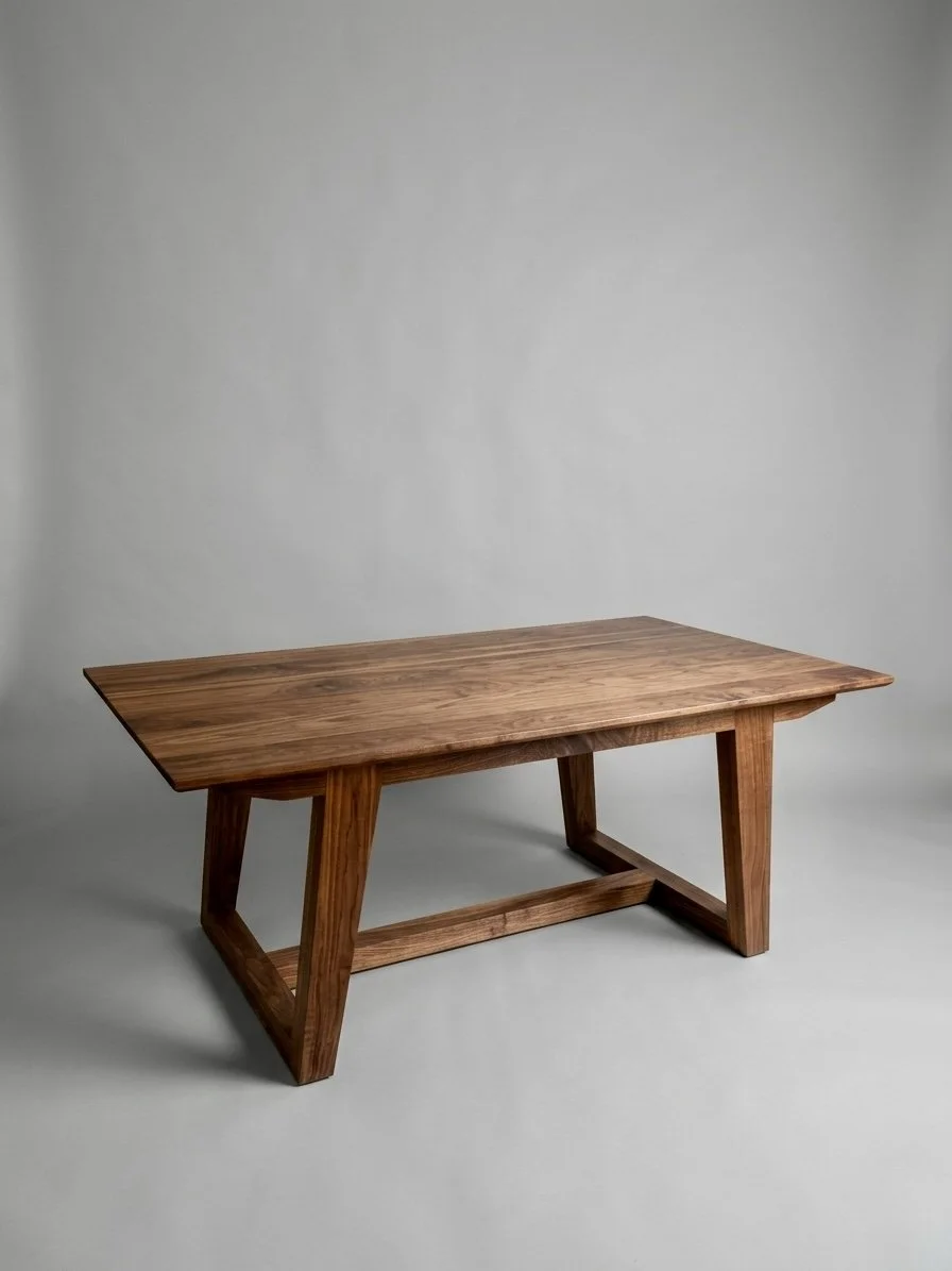 Walnut dining table with 1" thick top and dovetail joinery across the bottom stretcher.