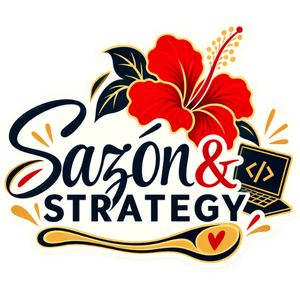Sazón & Strategy Logo with the words and hibiscus flower and laptop icon at the back.