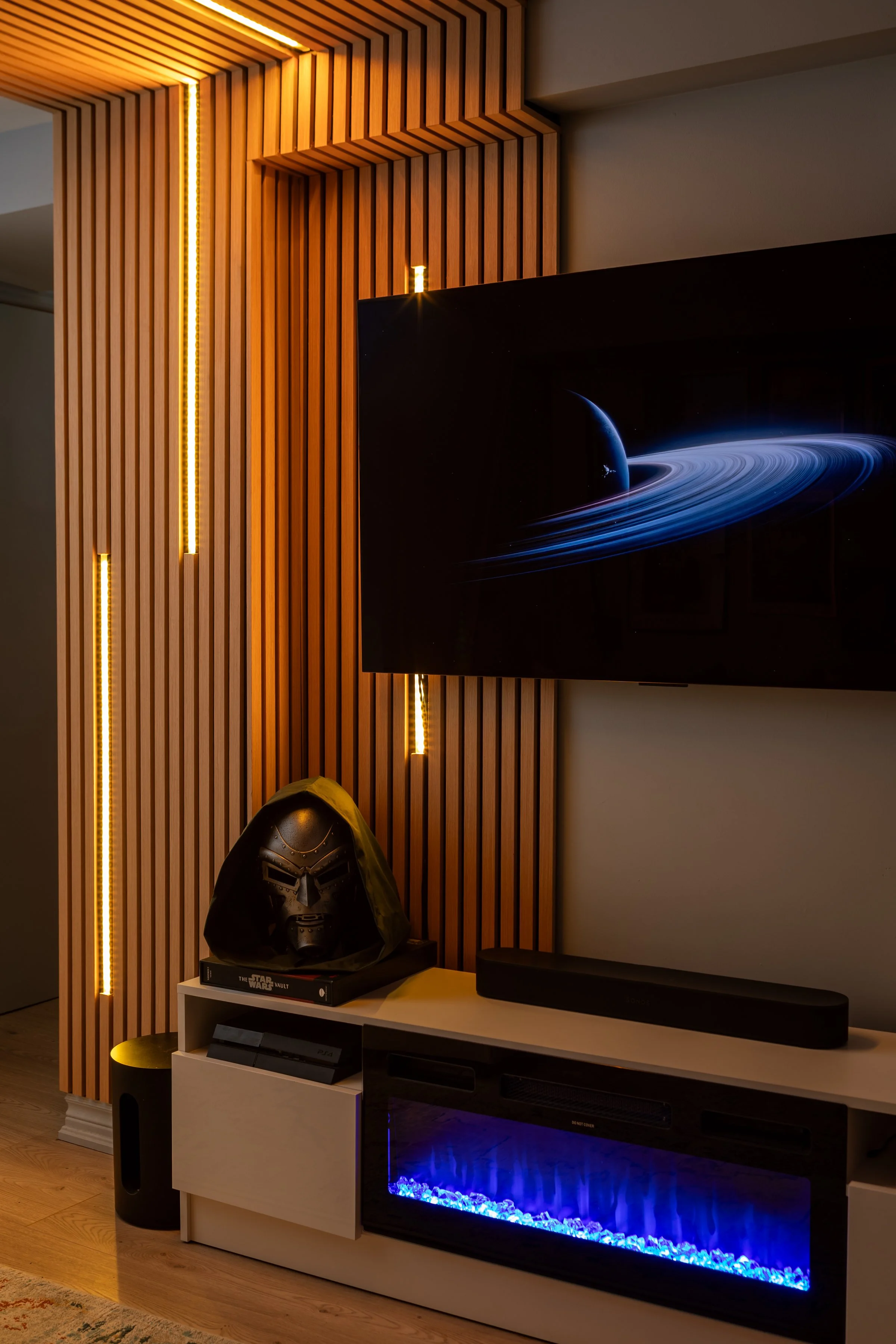 Wood slat media wall and ceiling detail with accent lighting in Toronto Ontario, Project Ten Forward by Inspired Spaces Design Studio