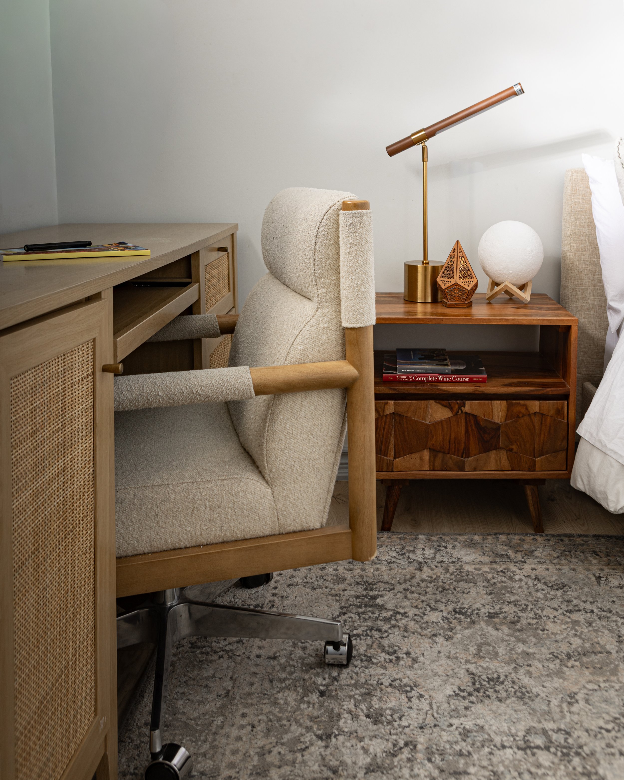 Desk detail — Bedroom interior featuring dressing area, work desk, and upholstered bed in Toronto Ontario, Project Ten Forward by Inspired Spaces Design Studio