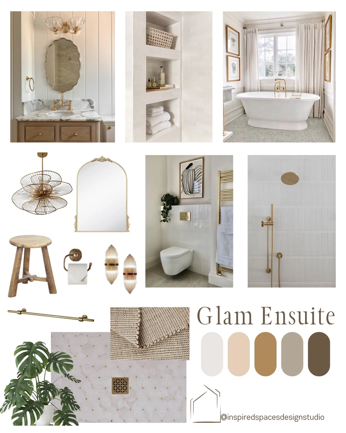 This glam ensuite is made for a diva &mdash; a spa retreat wrapped in old Hollywood glam. Warm wood tones ground the space while creamy neutrals keep it calm and airy. Polished brass details bring in a touch of glamour, and layers of textures soften 