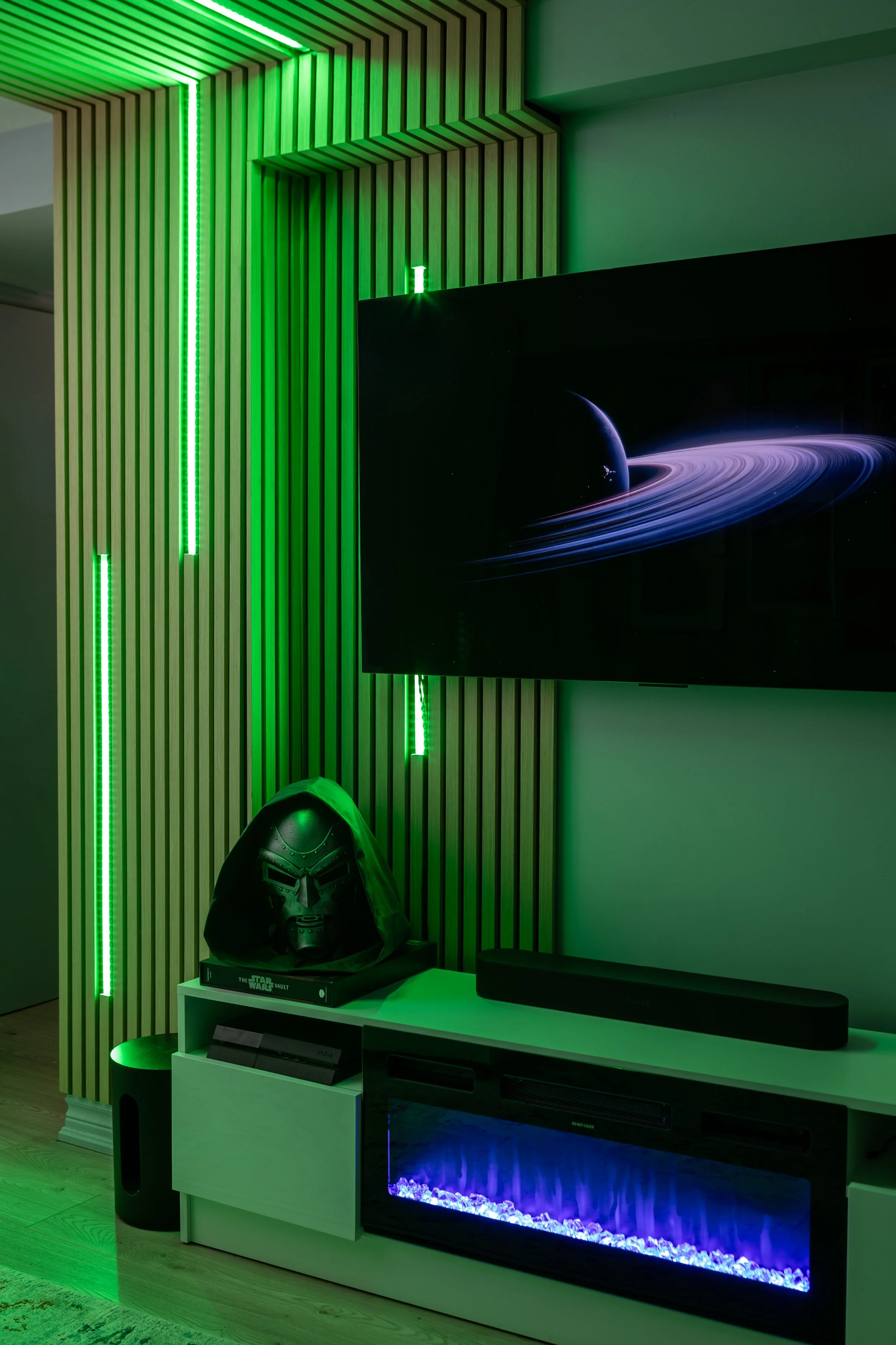 Wood slat media wall and ceiling detail with accent lighting in Toronto Ontario, Project Ten Forward by Inspired Spaces Design Studio