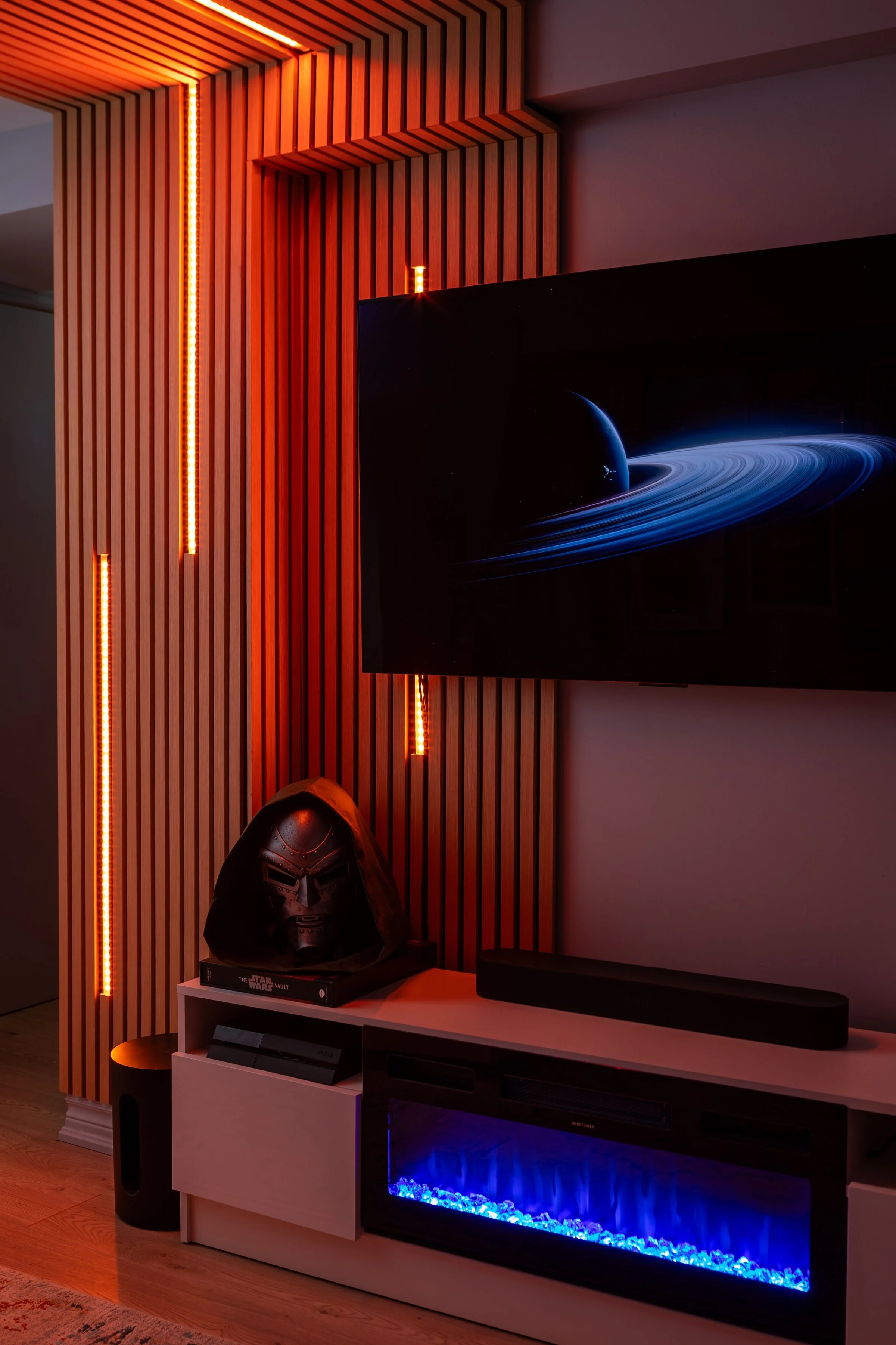 Wood slat media wall and ceiling detail with accent lighting in Toronto Ontario, Project Ten Forward by Inspired Spaces Design Studio