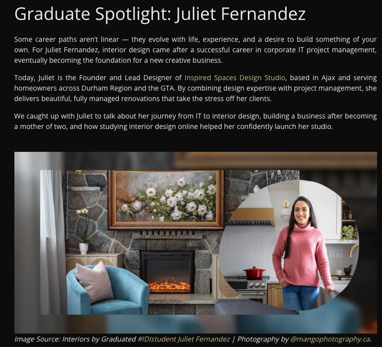 Juliet Fernandez, Founder & Lead Designer of Inspired Spaces Design Studio featured in IDI Graduate Spotlight