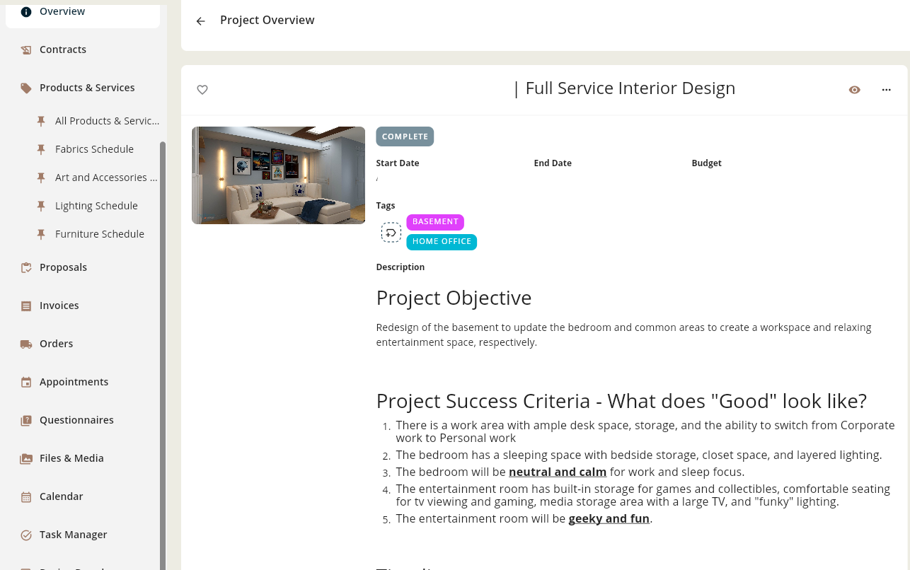 A professional project management portal showing project overview, schedules, and other documents for a home renovation.
