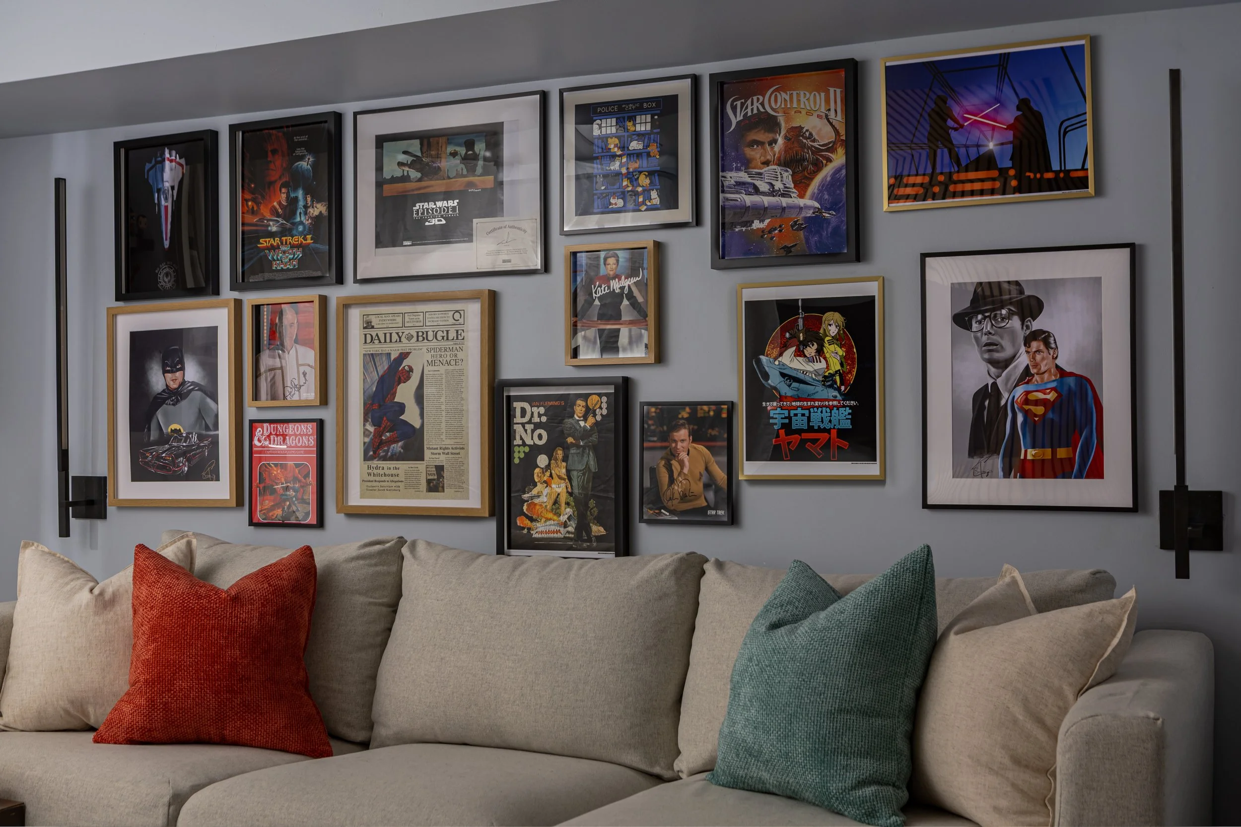 Living room with gallery wall, open and closed display storage, and media wall with wood slat feature in Toronto Ontario, Project Ten Forward by Inspired Spaces Design Studio