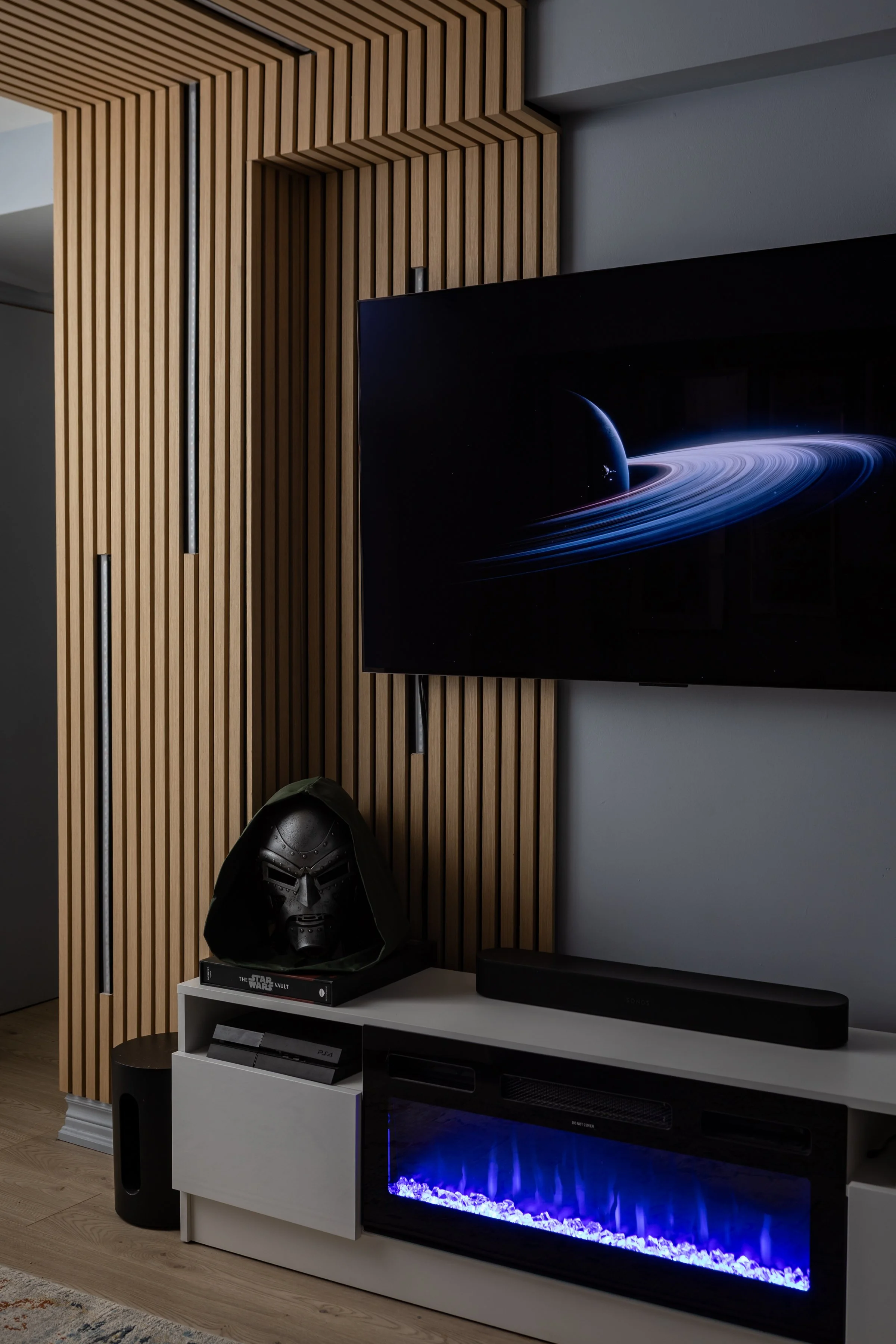 Wood slat wall and ceiling junction detail in Toronto Ontario, Project Ten Forward by Inspired Spaces Design Studio