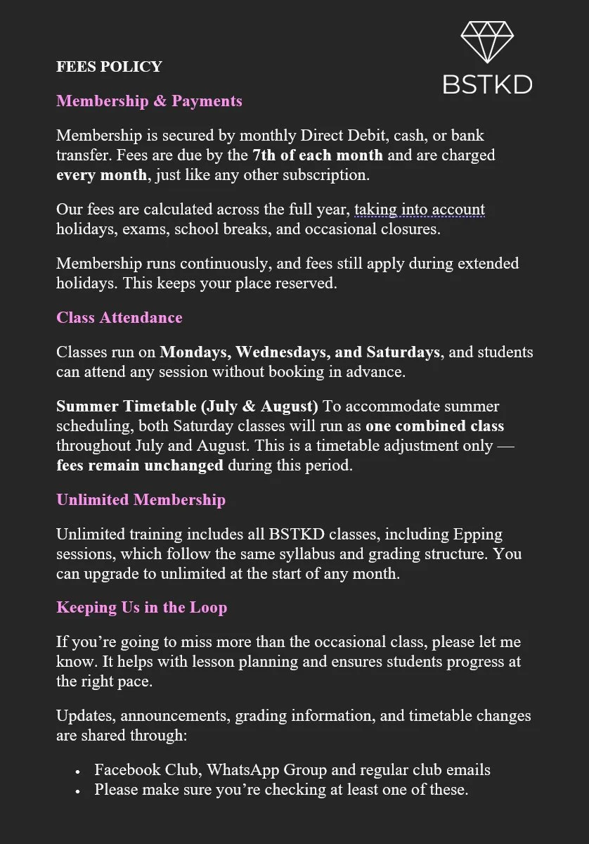A fee policy document for BSTKD outlining membership payments, class attendance, unlimited membership, and communication methods.