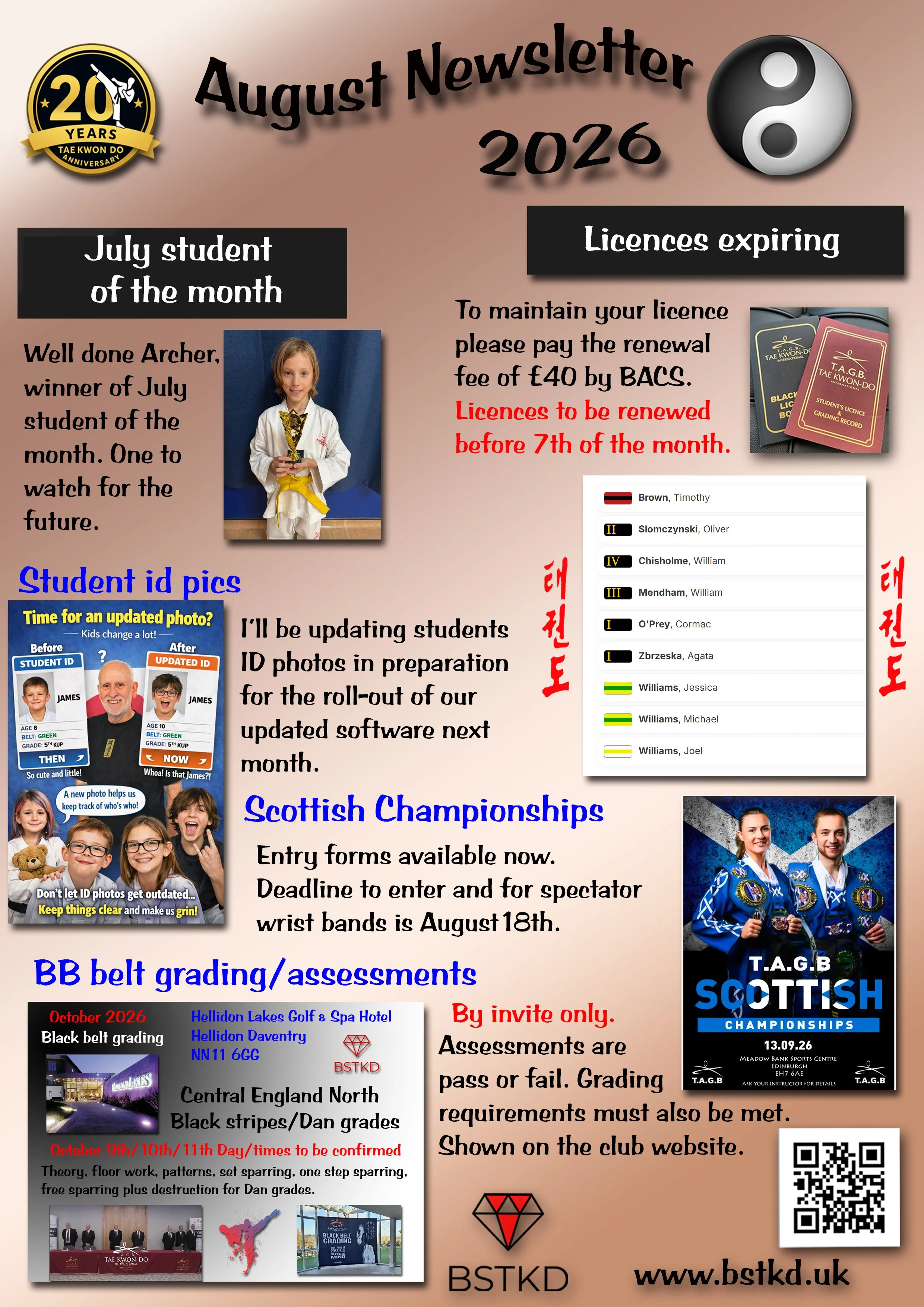 A detailed newsletter for August 2026 with various sections including achievements, activities, and upcoming events for T.A.G.B. Scottish Championships, Scottish belt grading assessments, and other martial arts news. It features photos of students, i