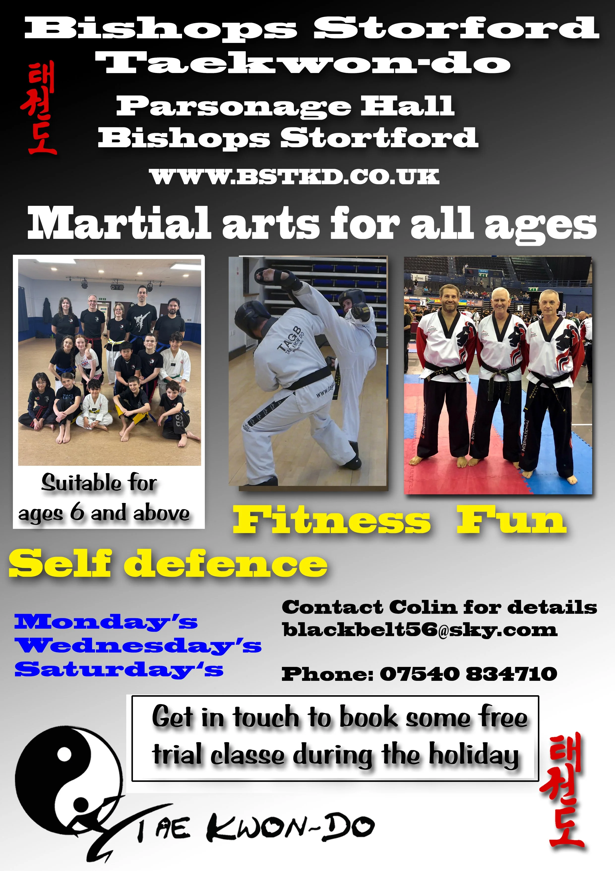 Flyer for martial arts classes at Bishop's Stortford Taekwondo, suitable for ages 6 and above. Includes photos of classes, contact details, and website.