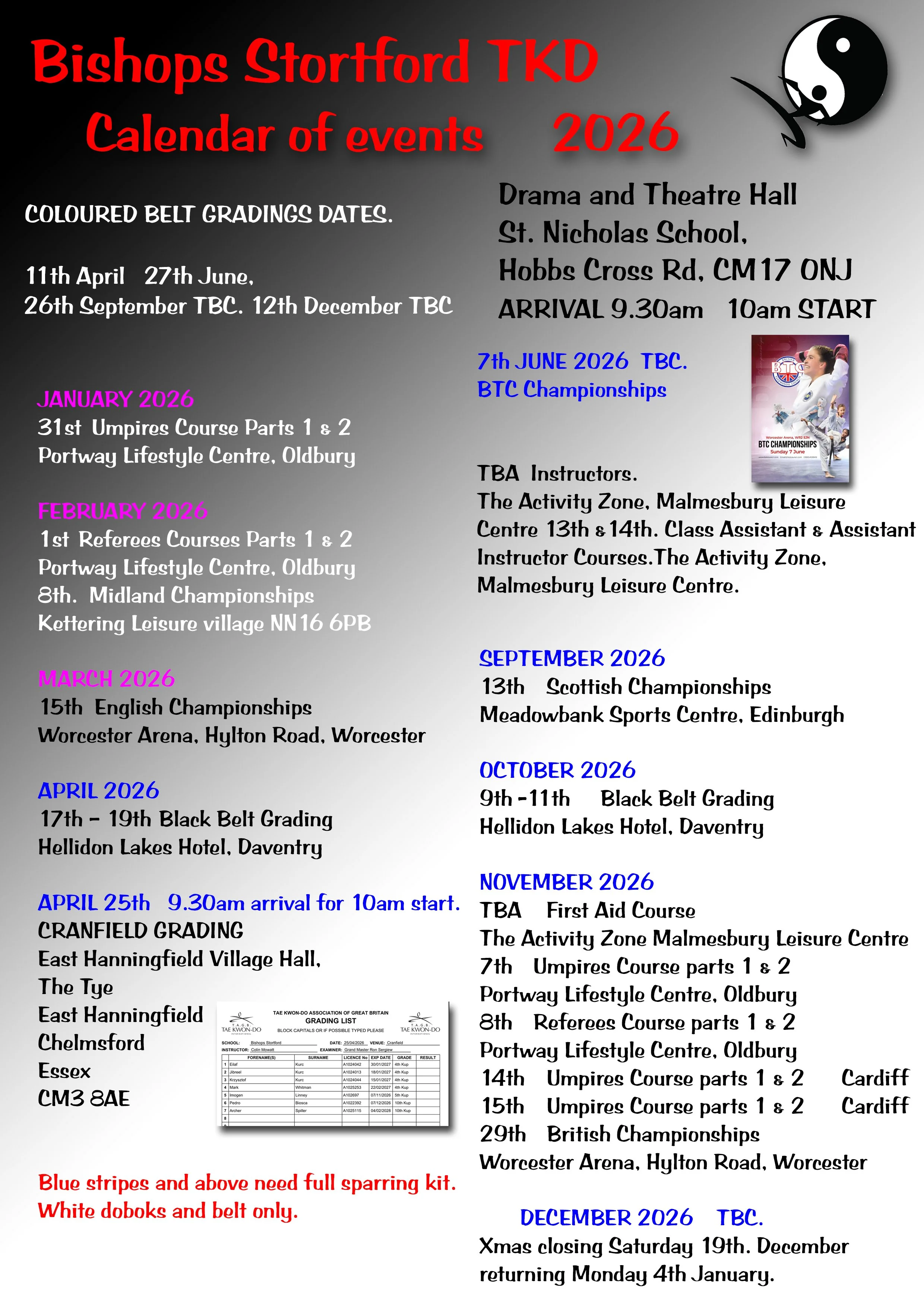 A calendar of events for Bishops Stortford TKD in 2026. It lists martial arts grading dates, championships, courses, and tournaments with specific dates and locations, along with special notes such as dress code requirements and scheduling details, and features a Yin-Yang symbol and a poster of a martial arts competitor.