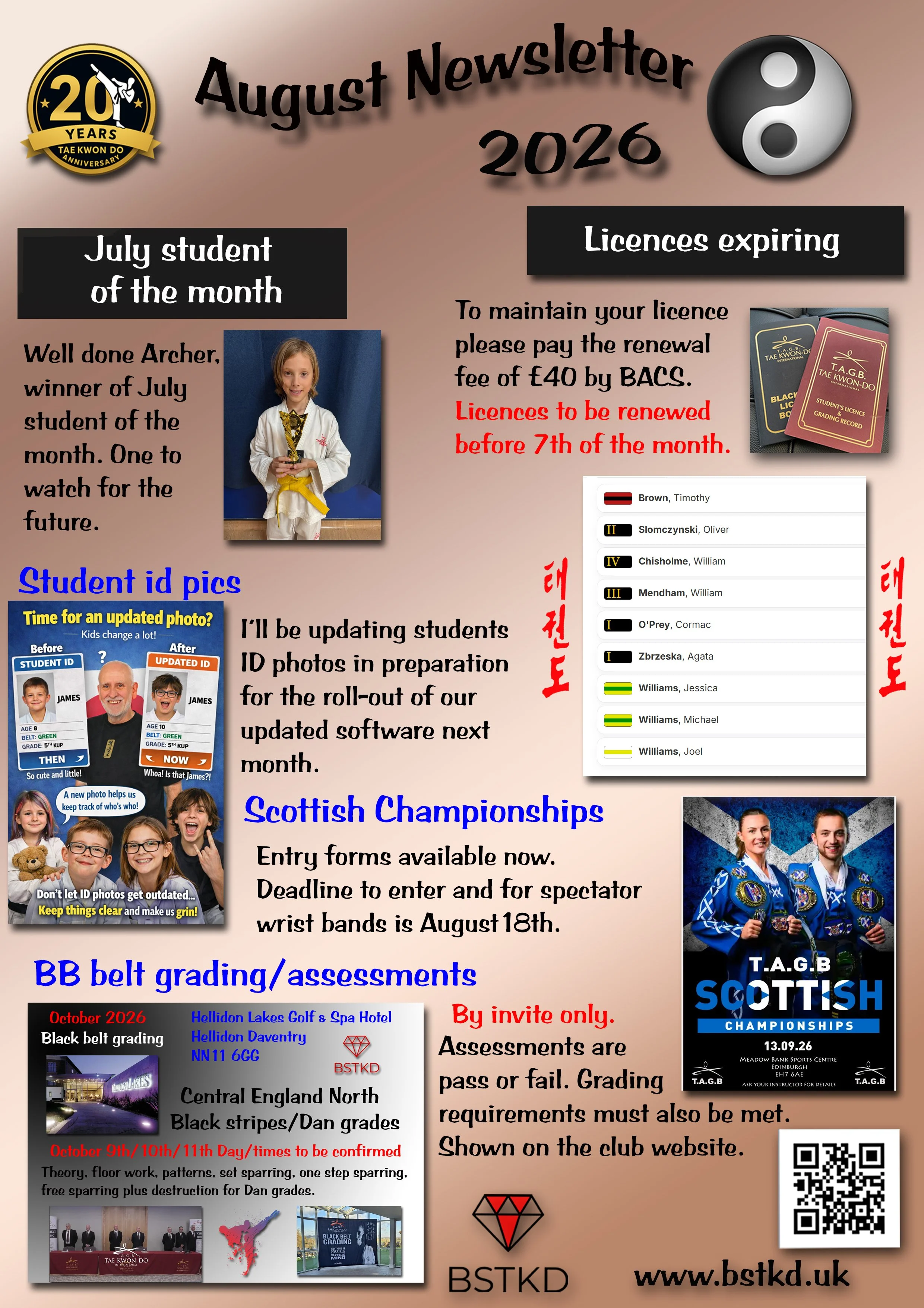 August 2026 newsletter featuring Tae Kwon Do achievements, Scottish Championships, assessments, grading, and club information with images of students, instructors, and event details.
