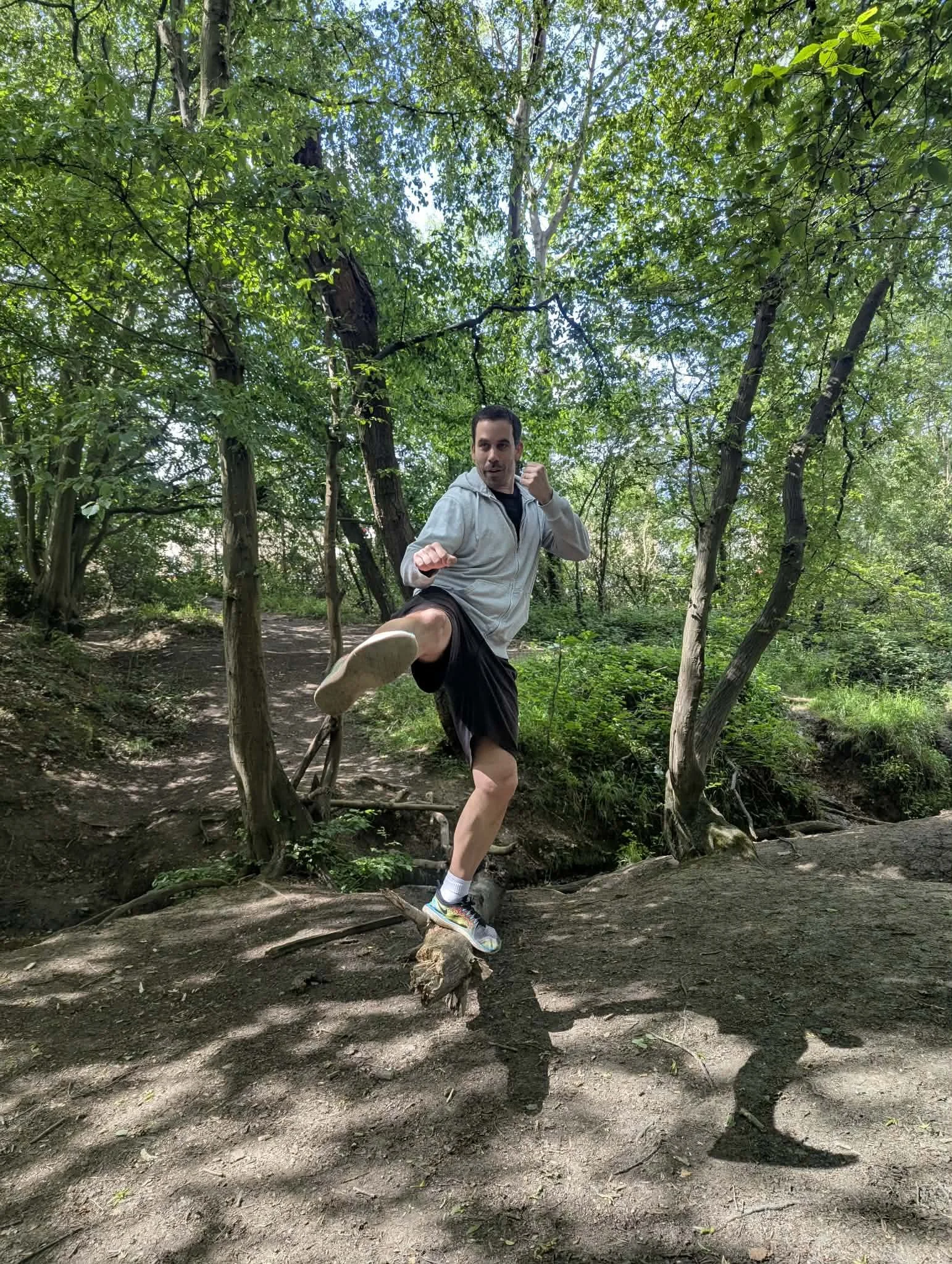 A man practicing martial arts in a forest, kicking with one leg while in a fighting stance, surrounded by green trees and dirt ground.