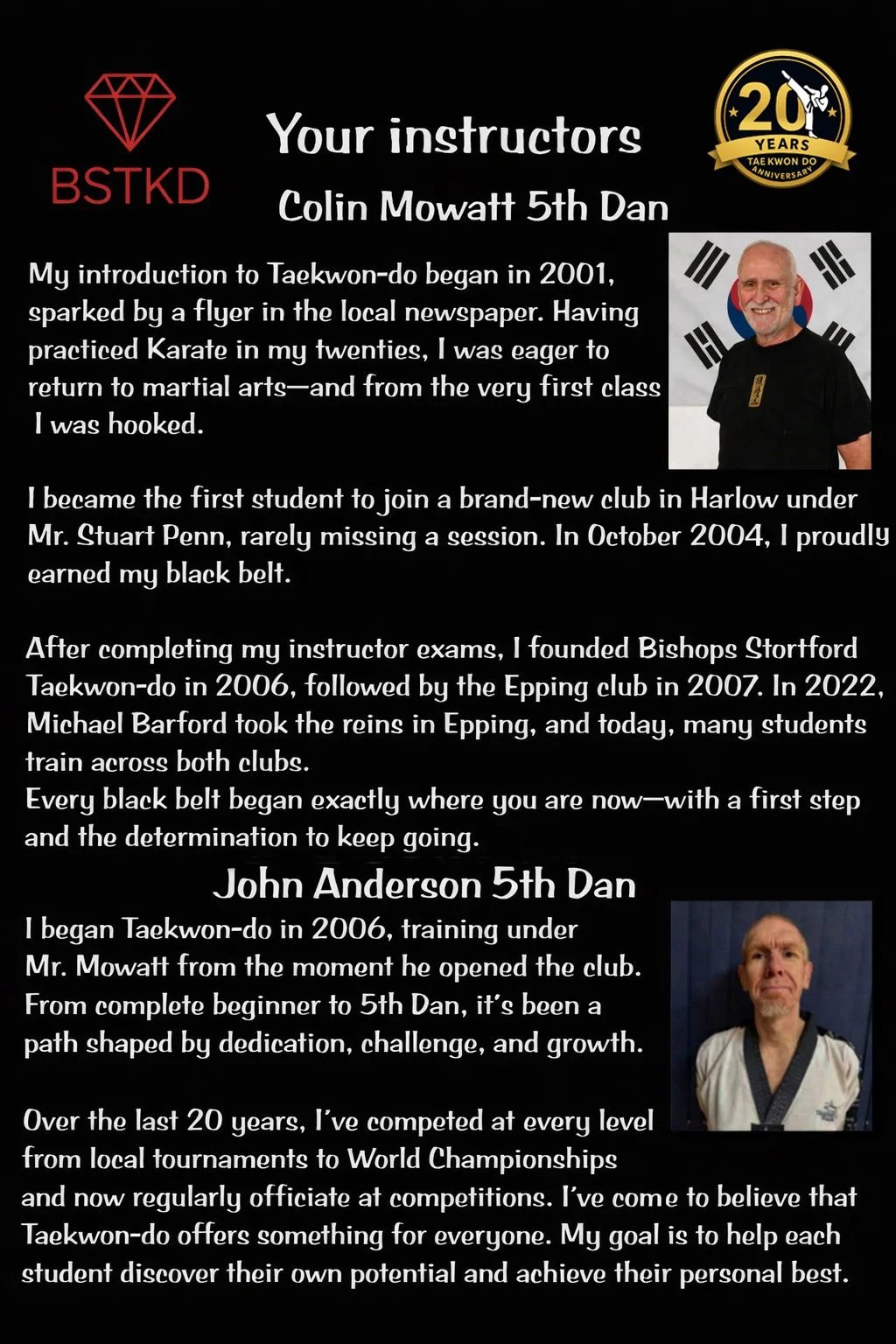 A memorial or tribute page featuring two instructors, Colin Mowatt 5th Dan and John Anderson 5th Dan, with their photos and biographies about their Taekwondo backgrounds, achievements, and dedication.