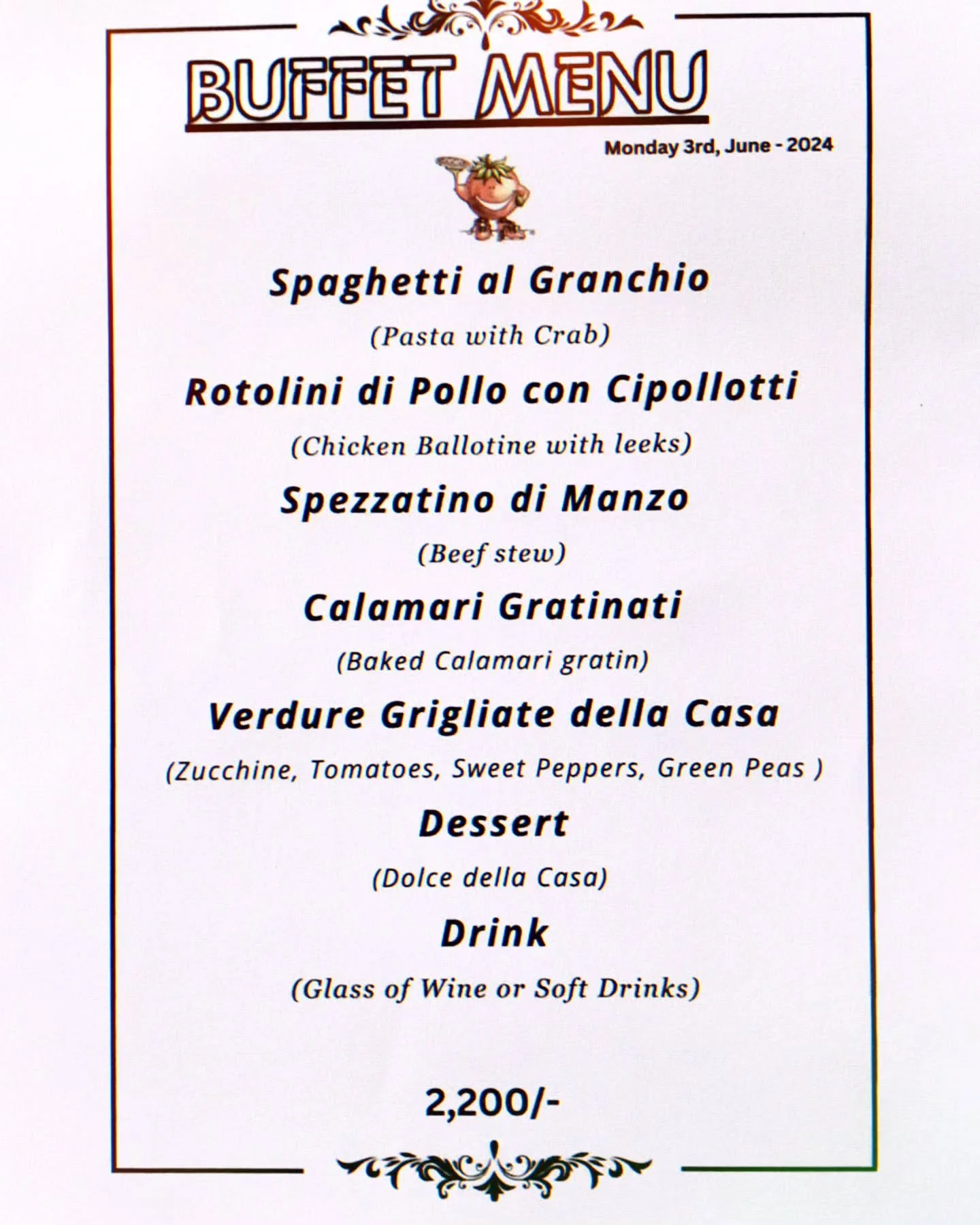 Monday the 3rd Buffet at Pomodoro from 12noon