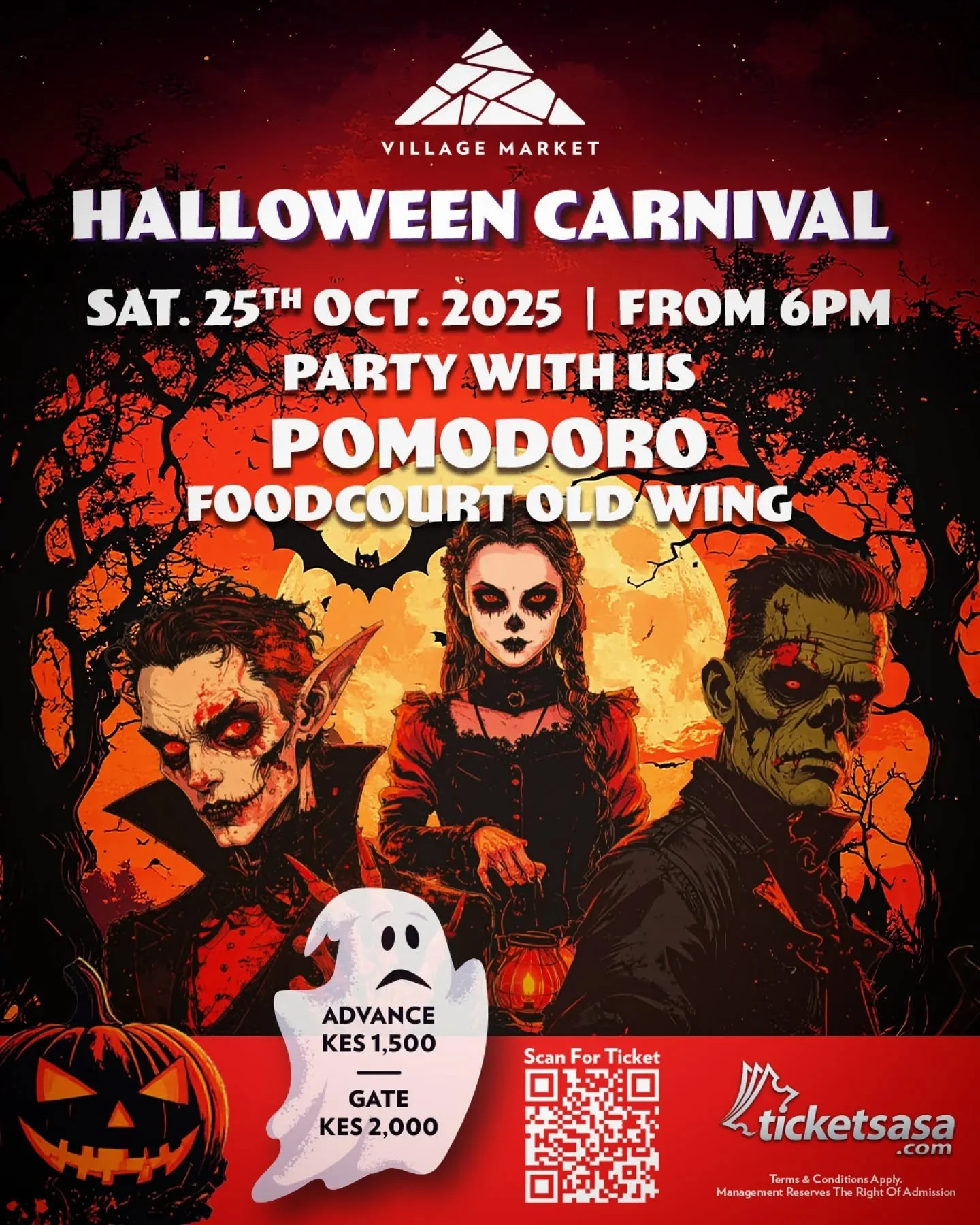 Get ready for a night of tricks, treats, and pizza 🍕👻
Join us at Village Market&rsquo;s Halloween Carnival this Friday, 25th October &mdash; from 6PM till late.

Good music, great food, and all the spooky fun you can handle 🎡✨
🎟️ Tickets:
Ksh 1,5
