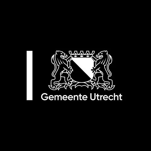 A black background with a white emblem featuring two lions holding a shield and a crown above it. Below the emblem, it says "Gemeente Utrecht."