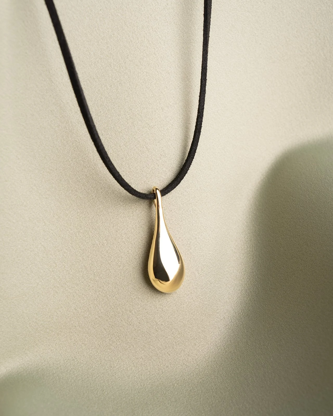 Teardrop Necklace with Gold Chain & Leather Cord
