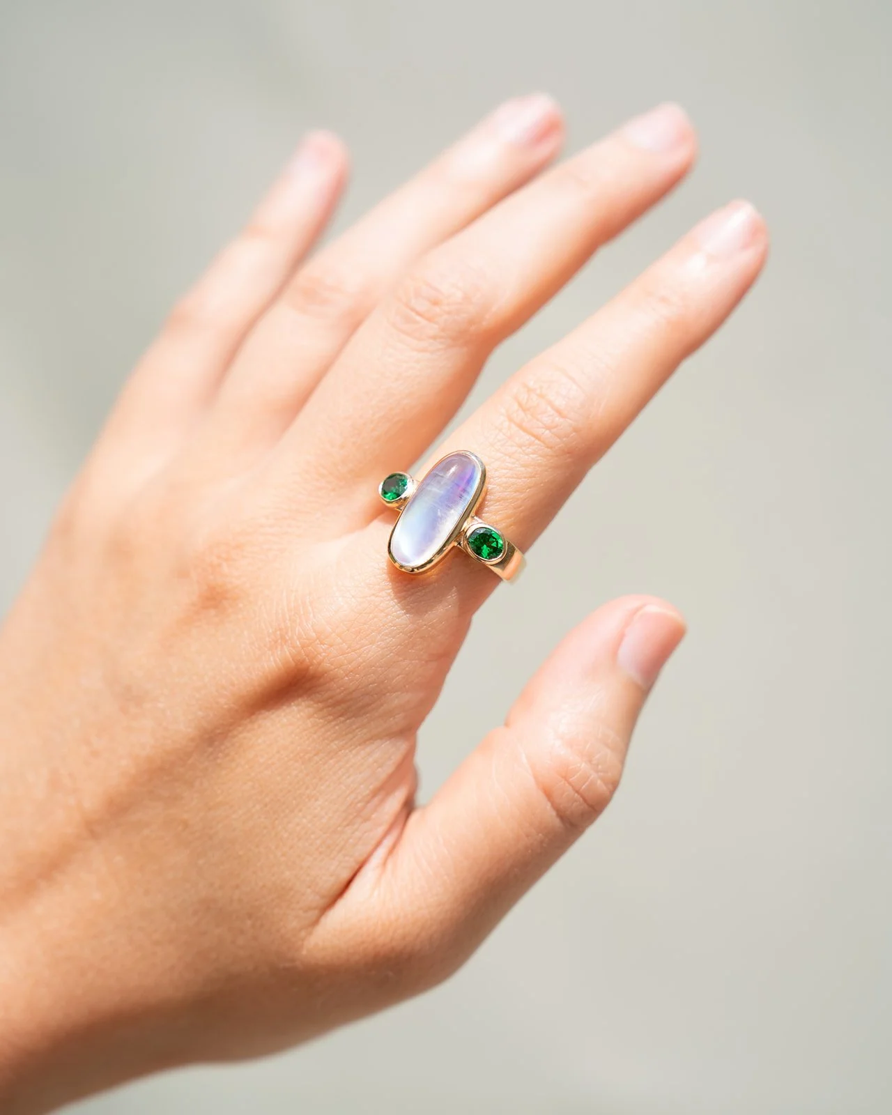 Moonstone + Tsavorite Garnet Ring