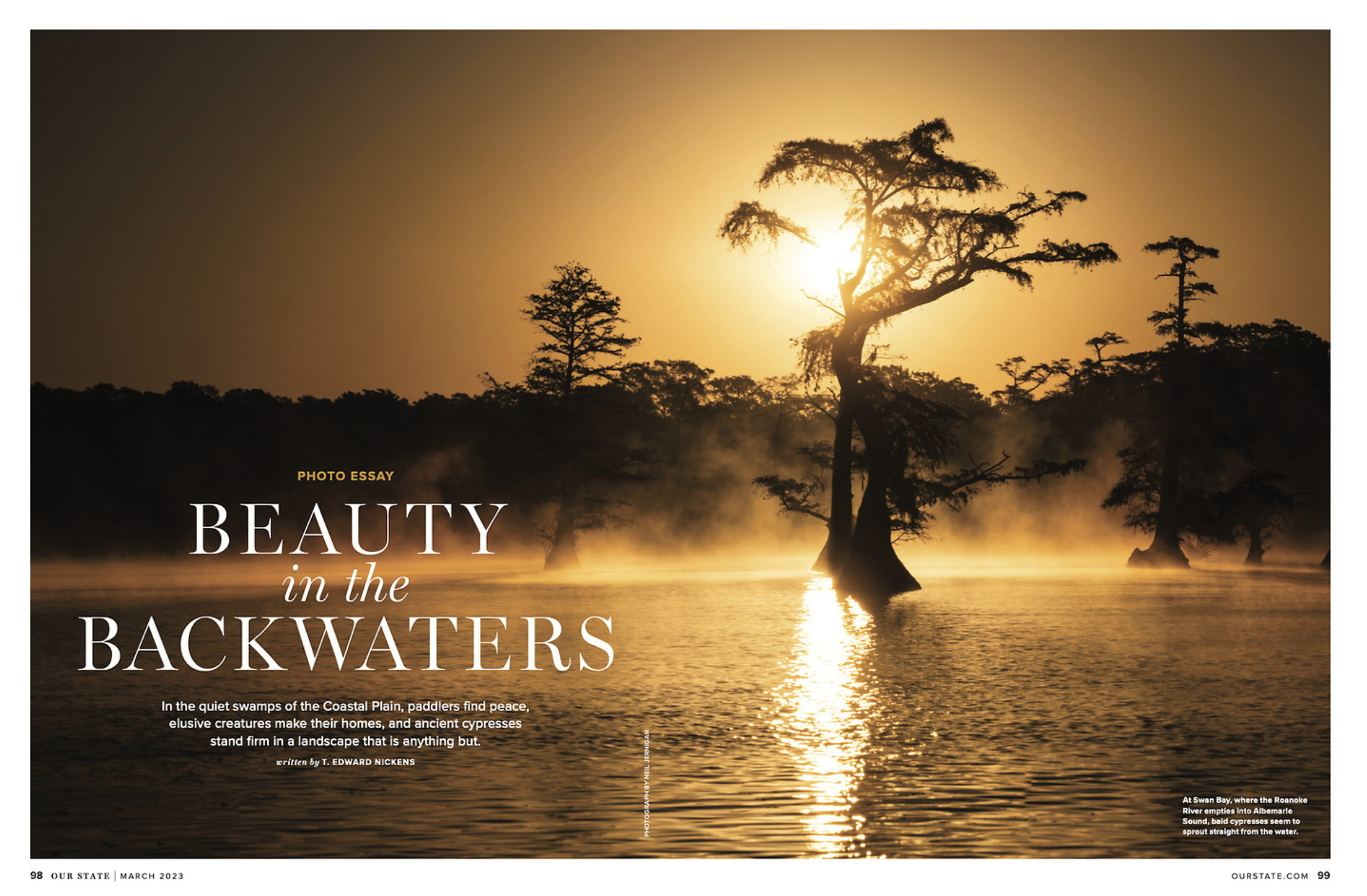 Sunset over a swampy landscape with cypress trees reflected in the water, with mist rising.