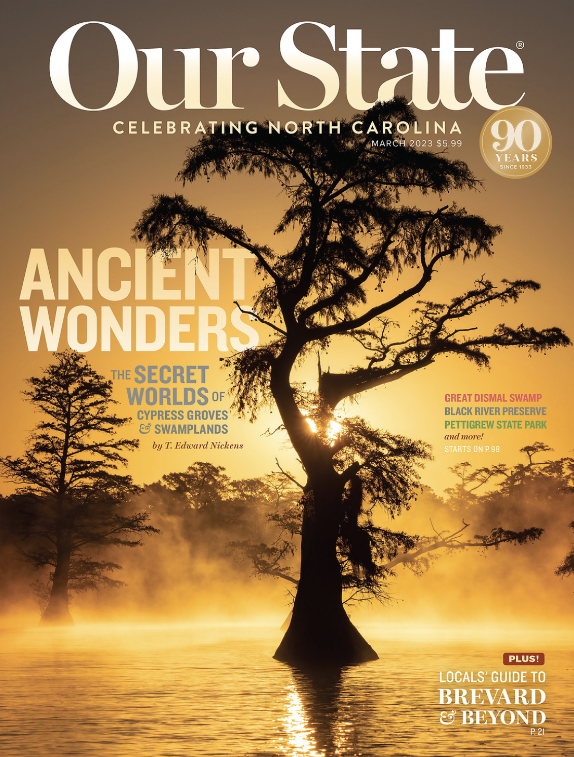 Sunset over a swamp with a large cypress tree in the foreground and mist rising over the water cover of OurState Magazine