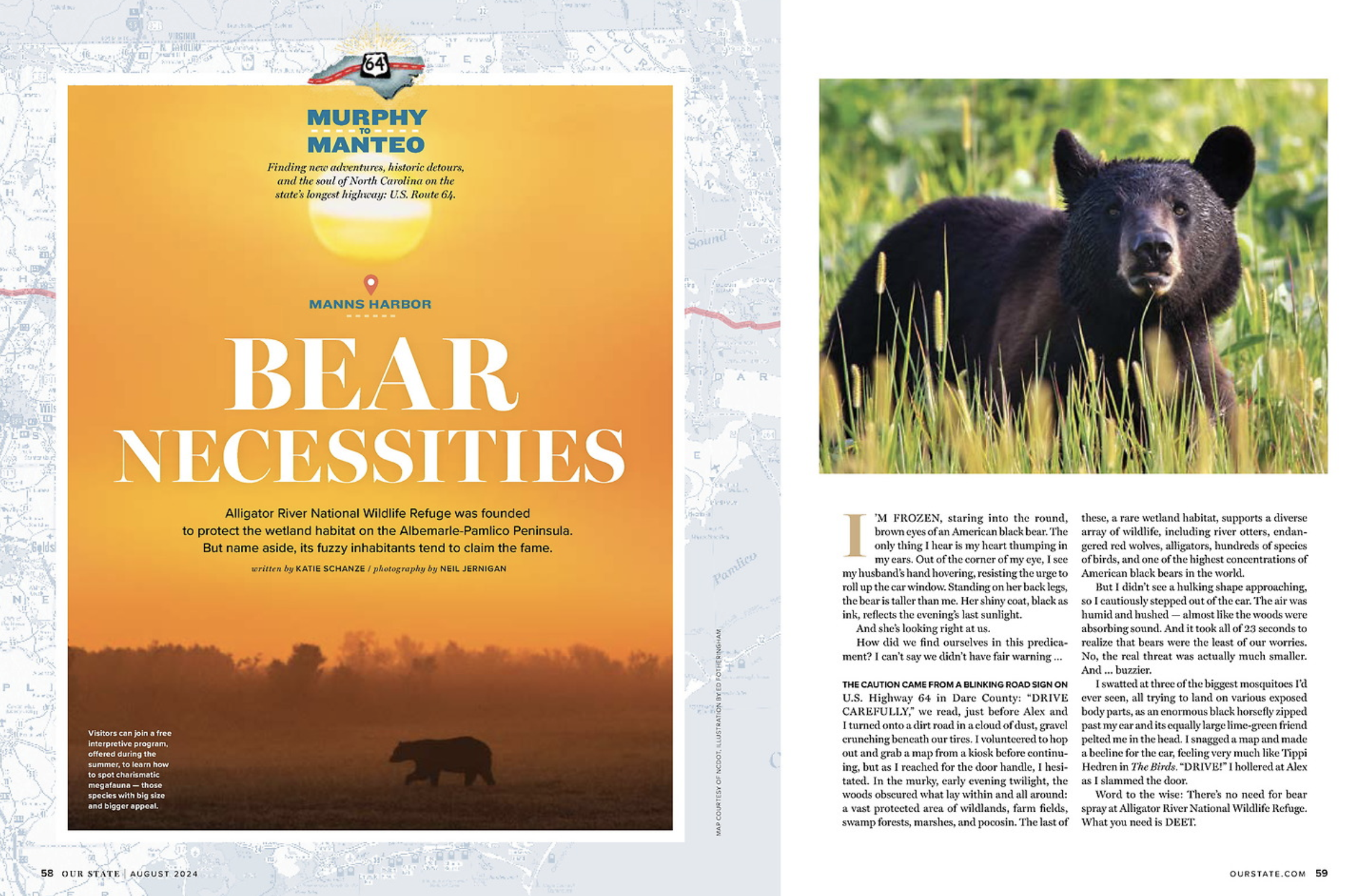 A two-page magazine spread about bears at the Alligator River National Wildlife Refuge, featuring a large title "Bear Necessities," a photo of a black bear in a grassy field, and a map background with text about the refuge and its wildlife.