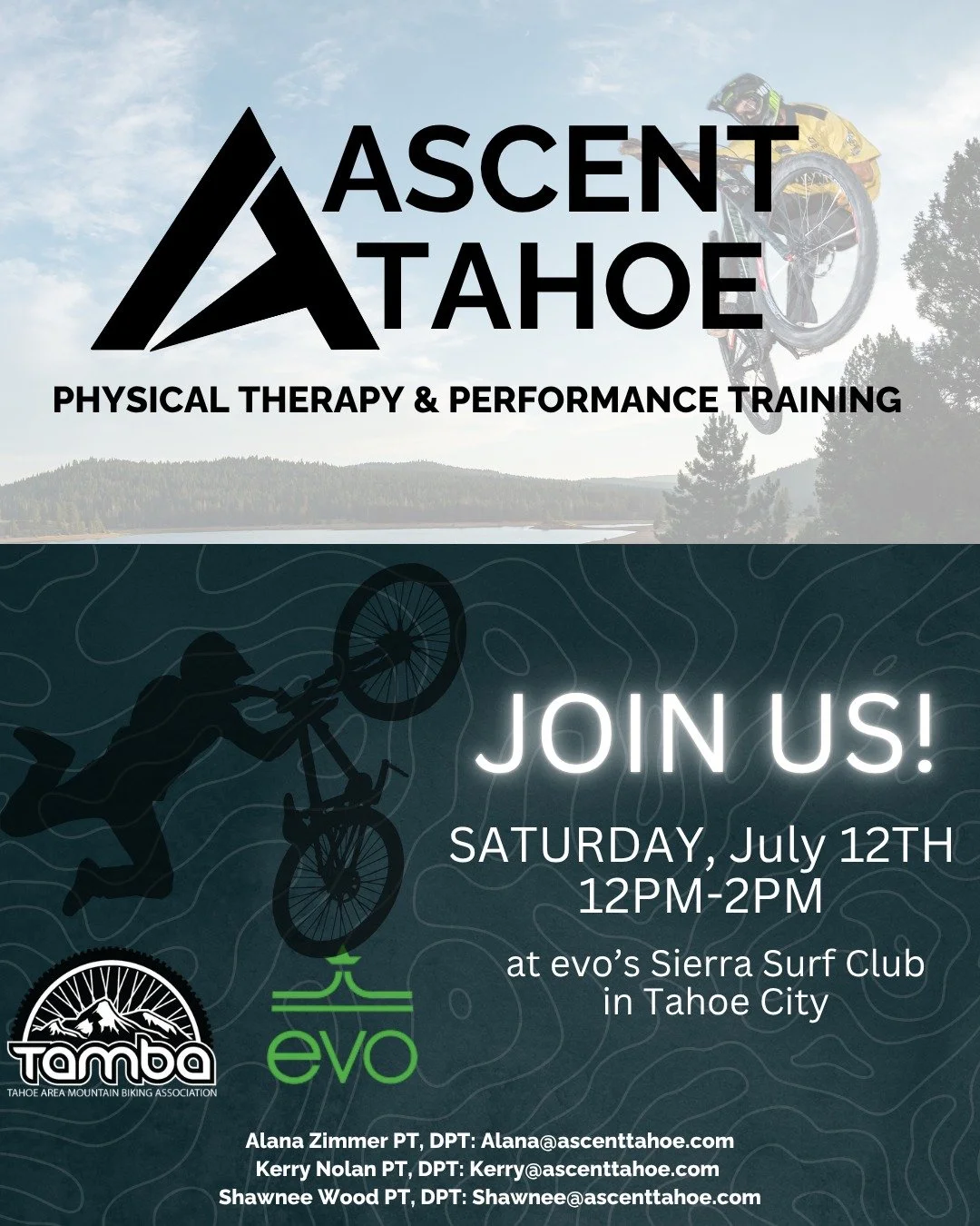 Come Out For a Tailgate Party at Evo Tahoe City Saturday July 12th!
Biking starts at Tahoe XC Center at 10am with the @tambatahoe crew, followed by food, drinks, and Ascent Tahoe recovery tent @sierrasurfclubtahoe next to @evo_hotel in Tahoe City.