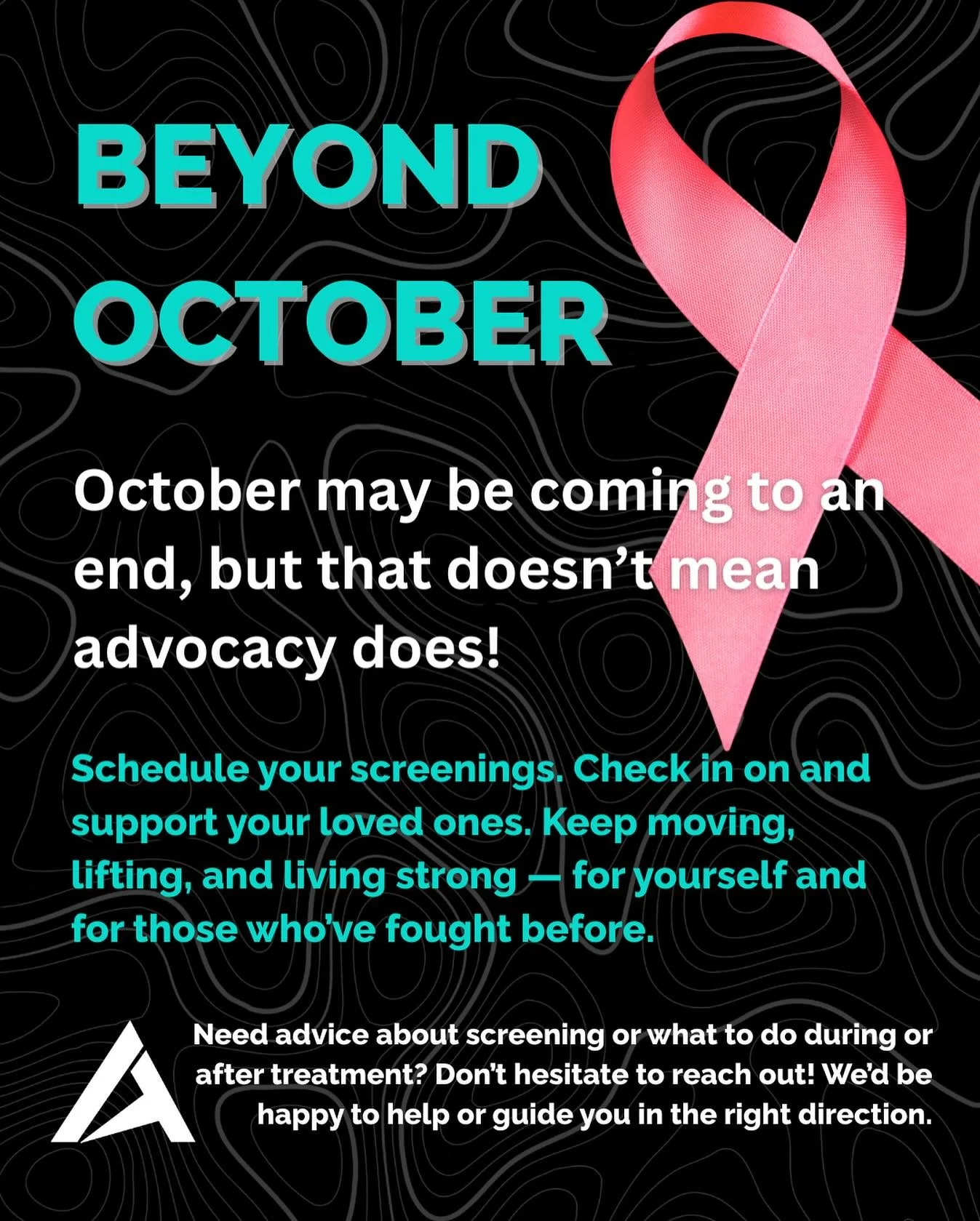 October is Breast Cancer Awareness Month &amp; coming to an end, but don&rsquo;t let that stop you from advocating! Carry the momentum forward - do your self checks, schedule screenings, check in on those around you, and keep fighting the good fight!