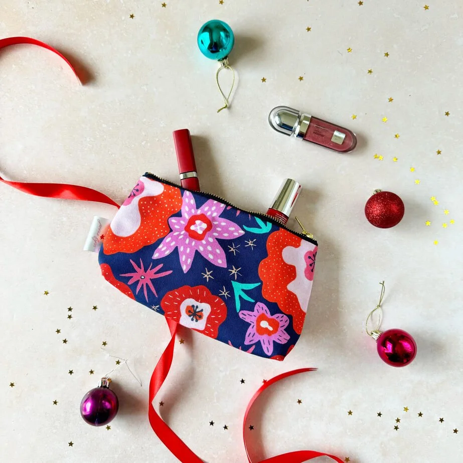 Red pink orange floral patterned small makeup bag UK by Jennie Fynn