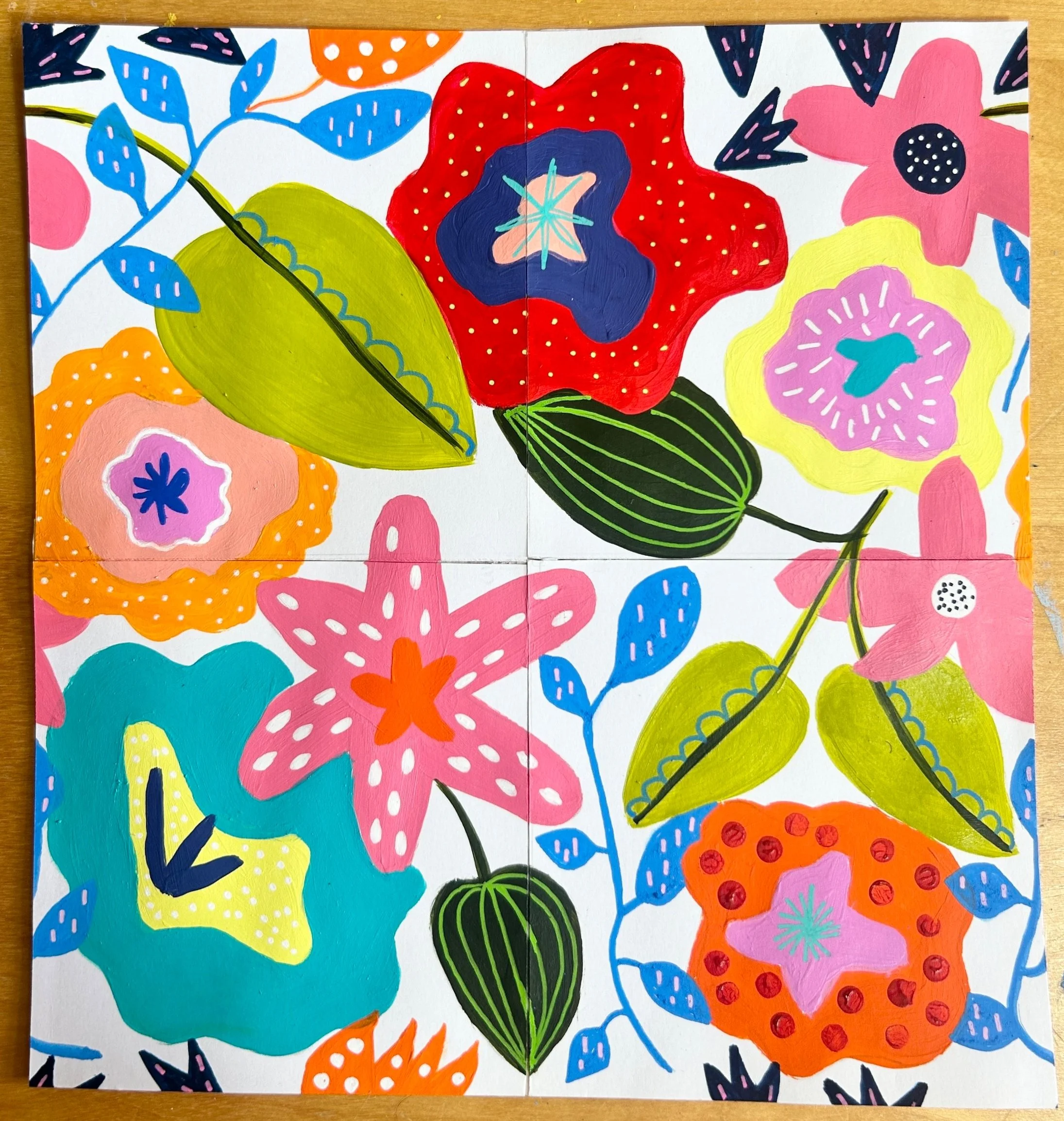 Painting of colourful flowers and plants for a floral fabric design by Jennie fynn