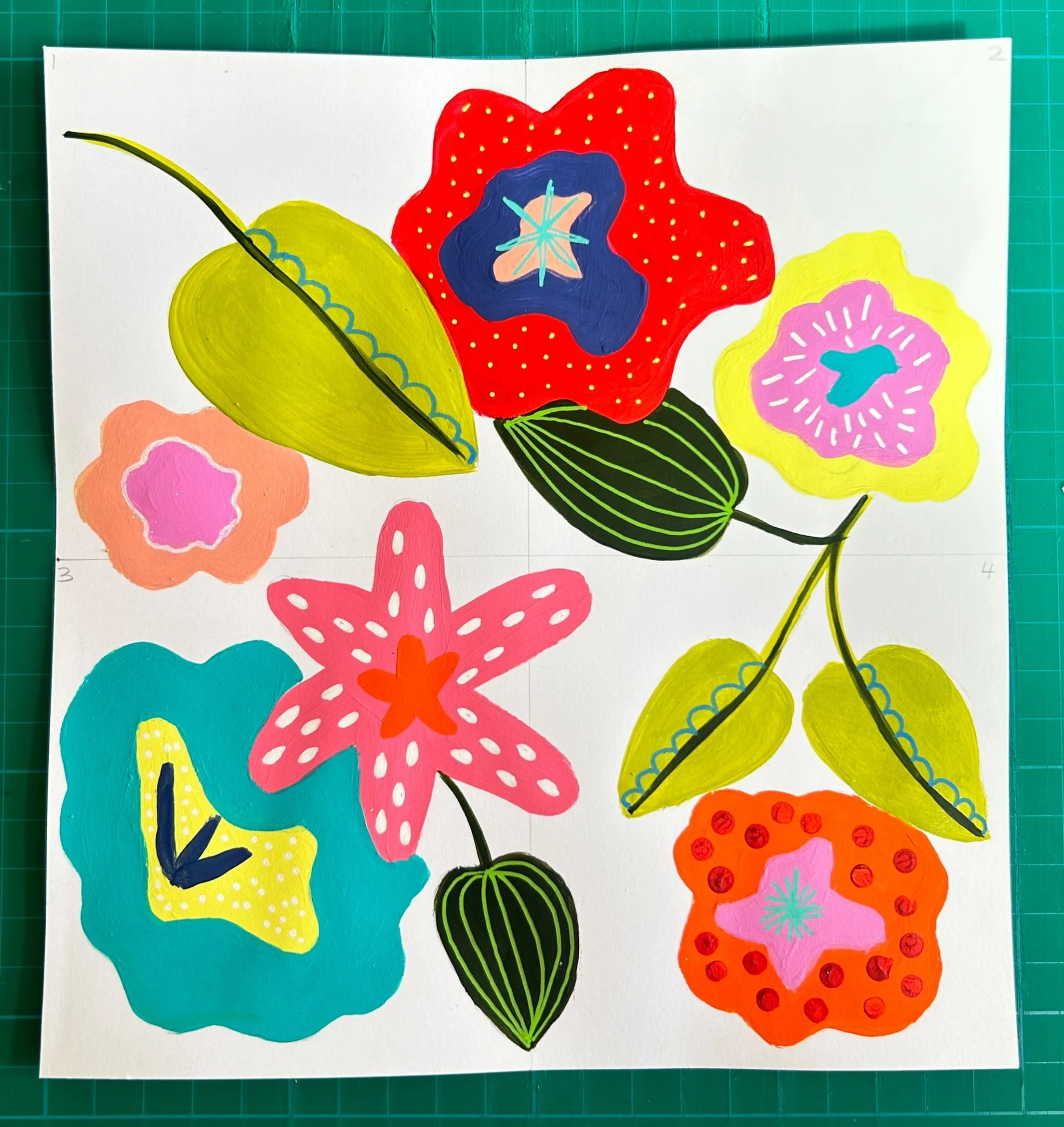 Painting of colourful flowers and leaves for floral fabric