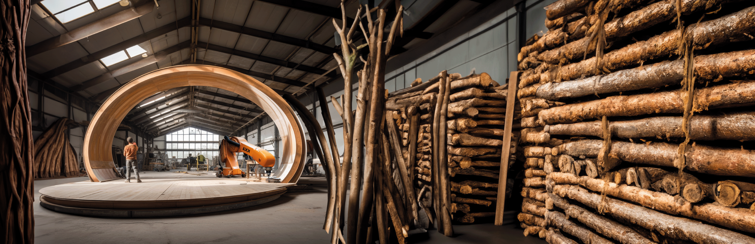 Interior of a large woodworking workshop with a circular wooden structure and an industrial robotic arm. Stacks of logs and wood planks are piled on the right side. A person stands observing the construction in a well-lit area.