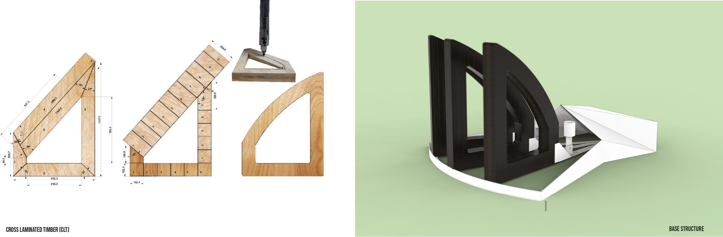 Design and construction of a structure using cross laminated timber (CLT) with detailed measurements and assembly process on the left, and a 3D model of a base structure on the right against a light green background.