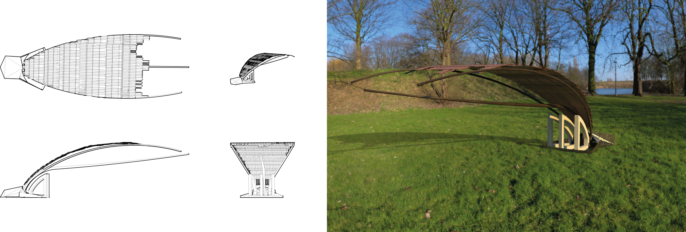 Design and real-life image of a modern architectural structure with curved metal and wooden elements in a grassy park setting.