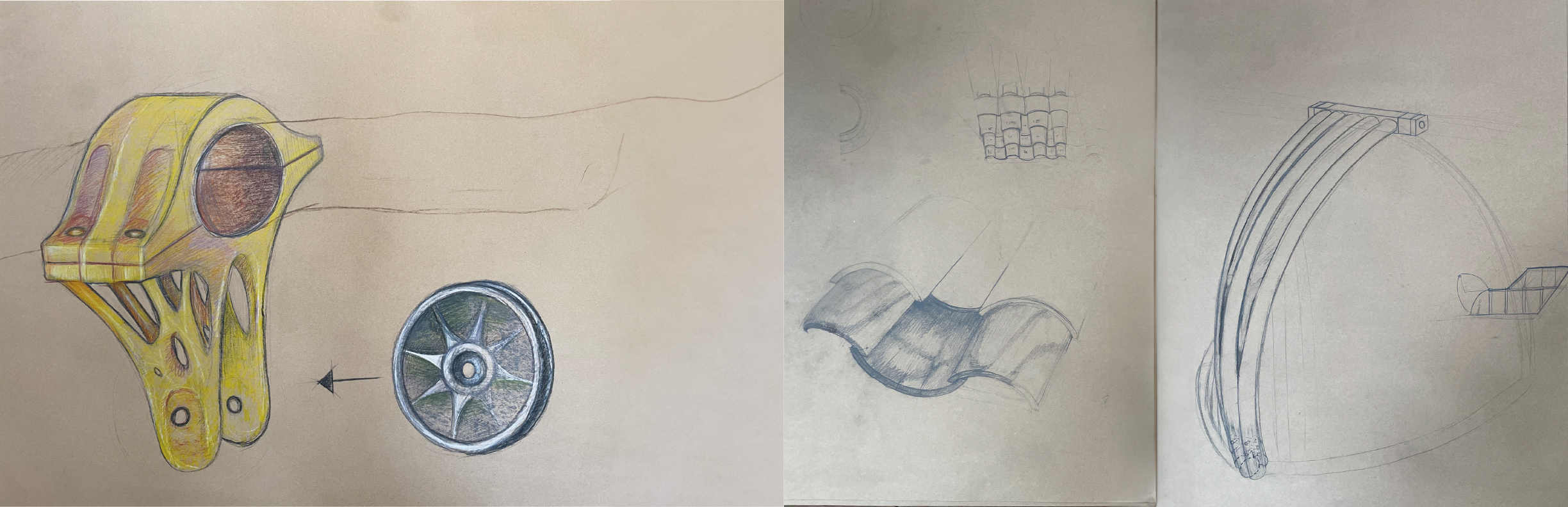 A sketch and drawing of mechanical components, including a colored design of a yellow bracket with a circular cutout and a wheel with spokes. Additional pencil sketches show other component designs, including an arc and structural details on a helmet