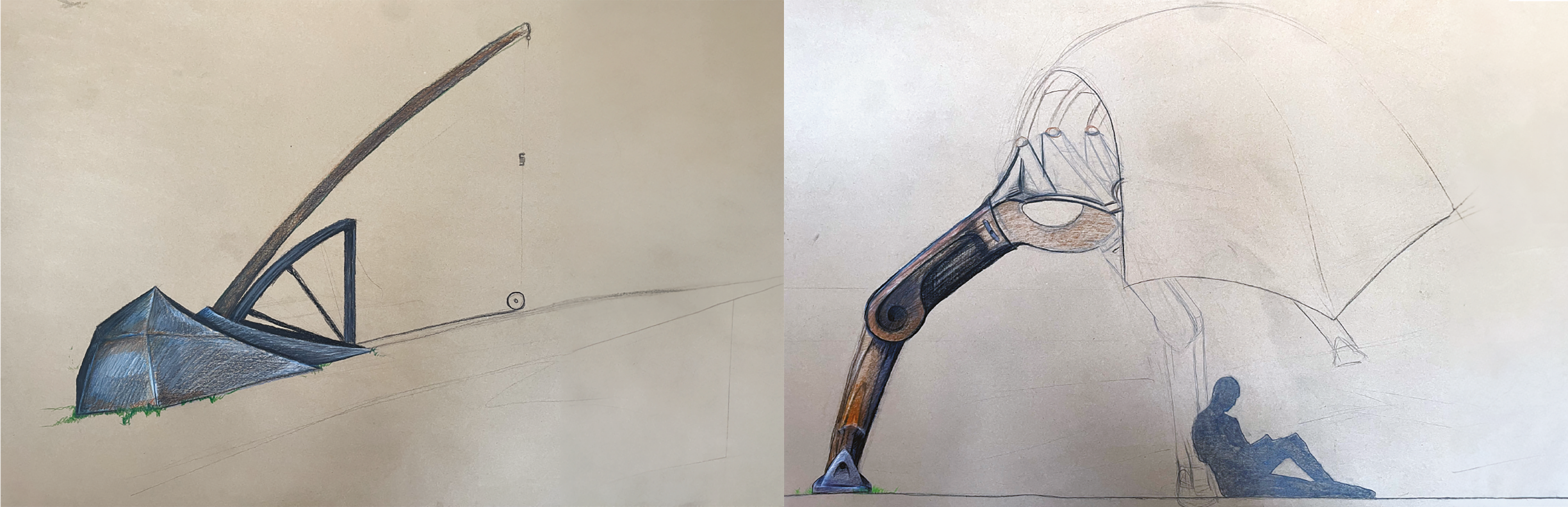 Conceptual architectural sketches showing two structures with triangular and arched elements. One includes a human silhouette for scale.