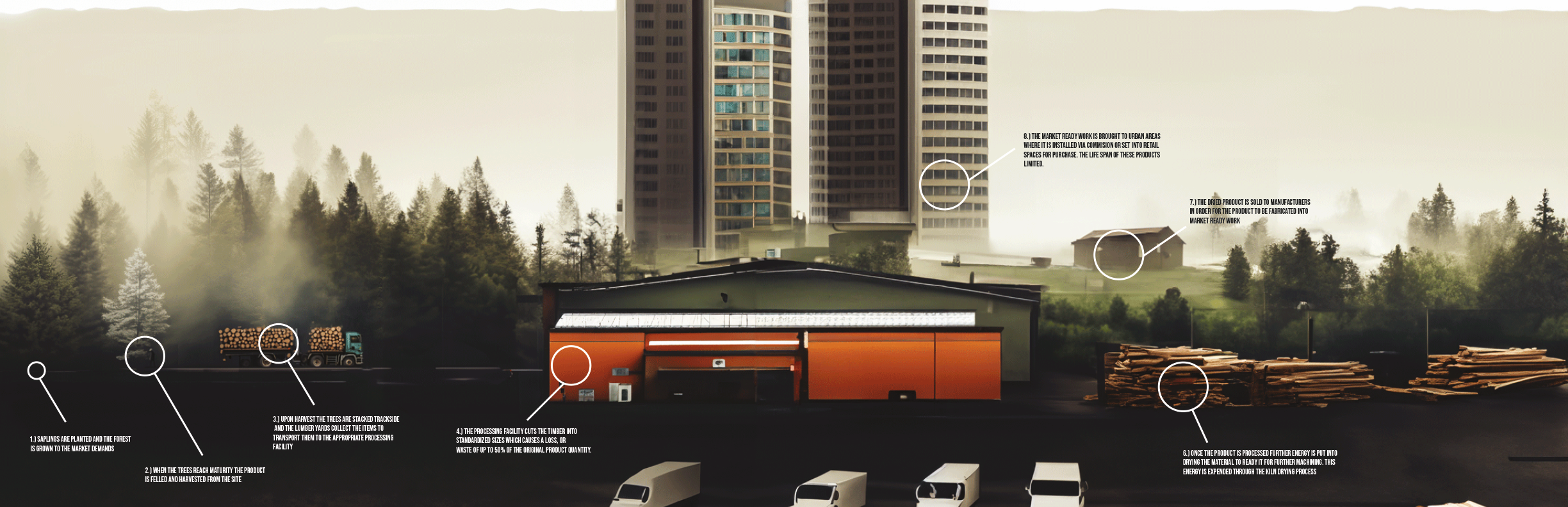 Illustration of a timber production process, showing stages from planting saplings to processing timber, transporting, and selling in urban areas. Features a forest, logging truck, processing facility, and city buildings.