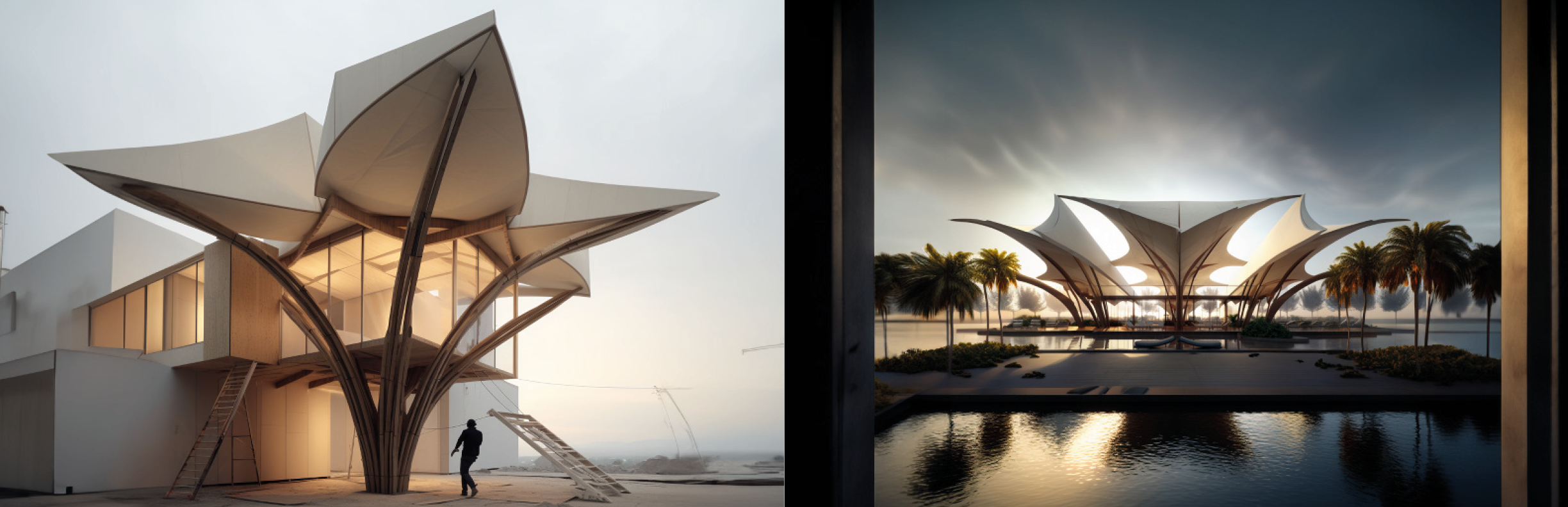Modern architectural designs with large, sweeping canopy structures and open spaces. Left image shows an exterior view of a contemporary building with a vaulted canopy roof. Right image depicts an expansive pavilion-like structure with a similar cano